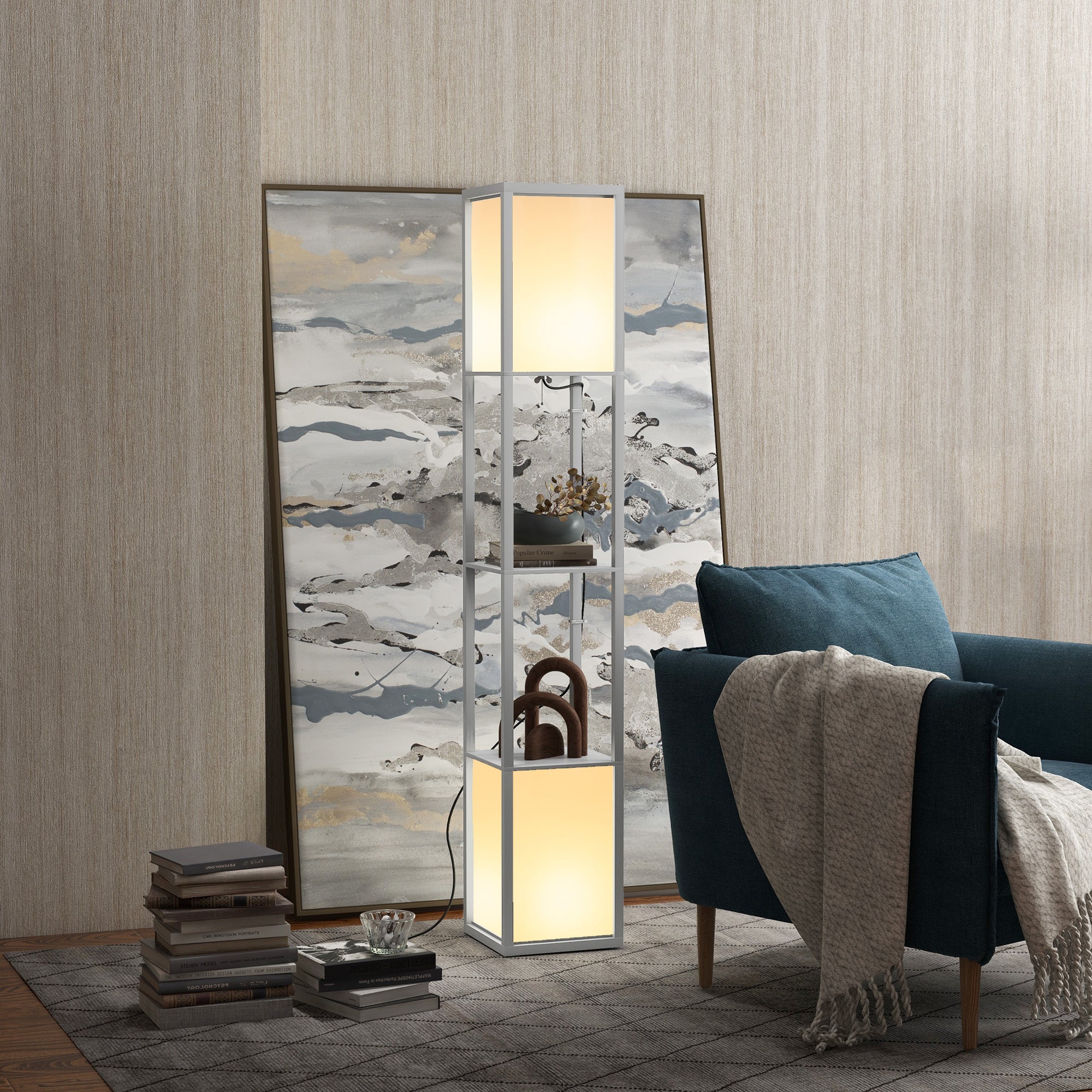 HOMCOM Floor Lamp with Shelves and Dual Light, Modern Corner Standing Lamp for Living Room, Bedroom, Bulb not Included, Light Grey