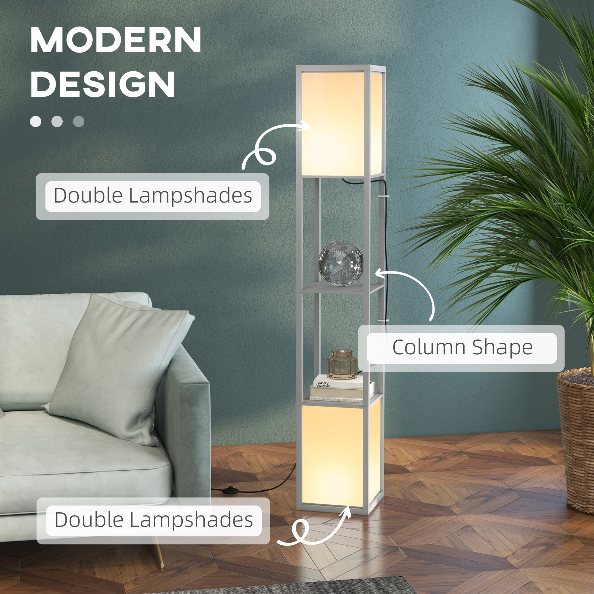 HOMCOM Floor Lamp with Shelves and Dual Light, Modern Corner Standing Lamp for Living Room, Bedroom, Bulb not Included, Light Grey