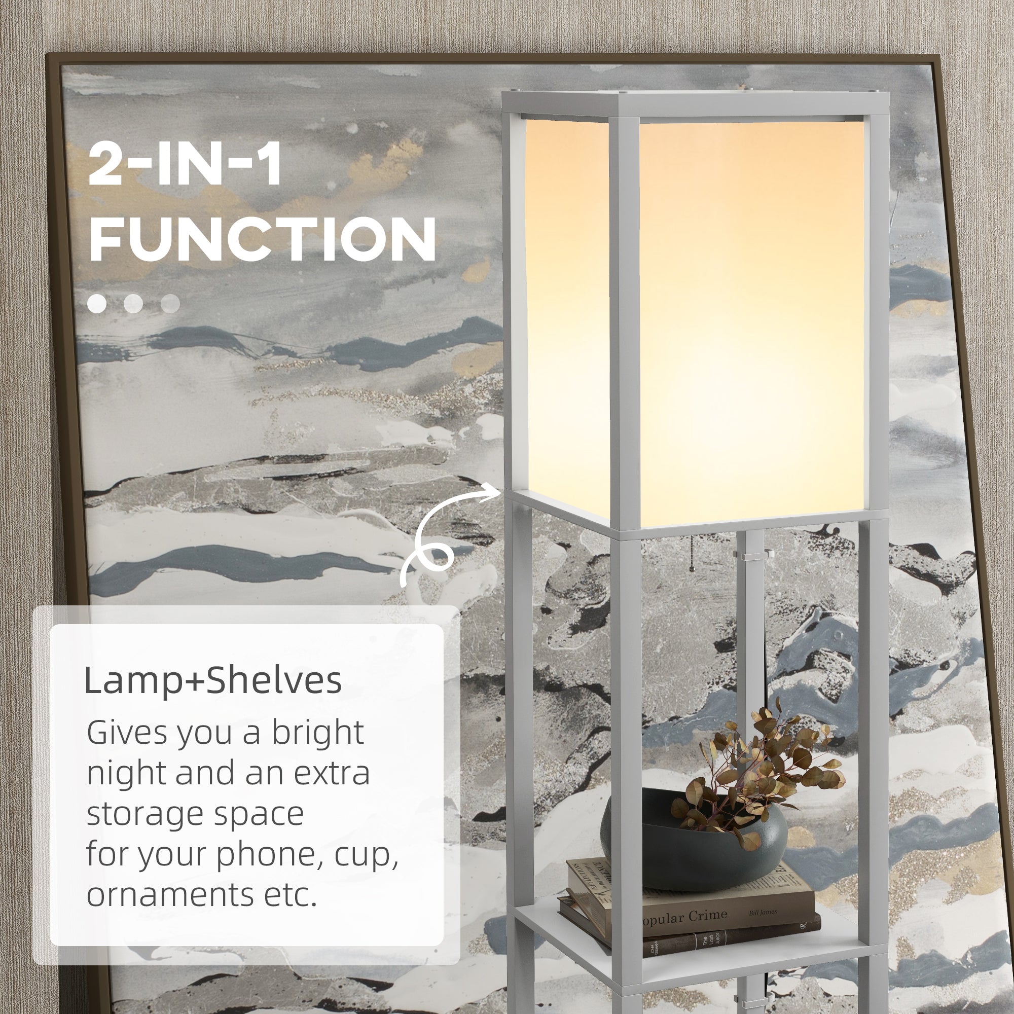 HOMCOM Floor Lamp with Shelves and Dual Light, Modern Corner Standing Lamp for Living Room, Bedroom, Bulb not Included, Light Grey
