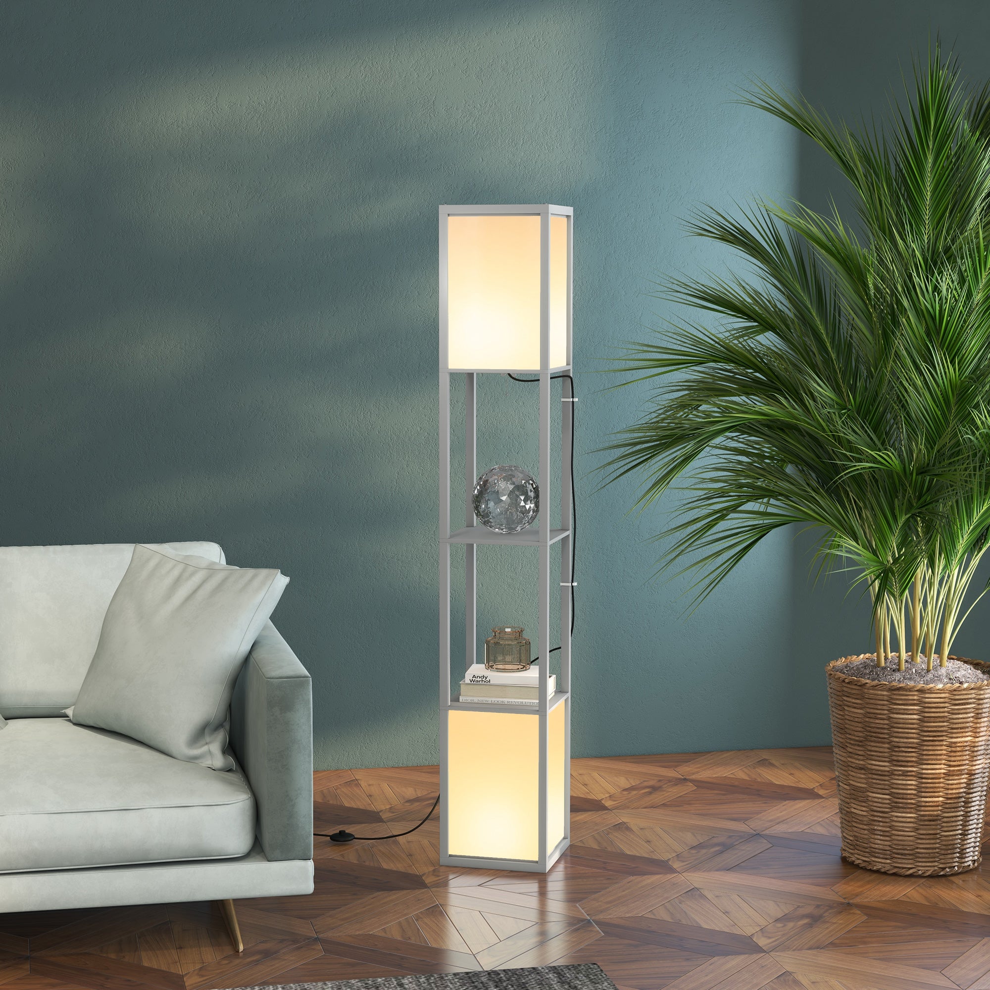 HOMCOM Floor Lamp with Shelves and Dual Light, Modern Corner Standing Lamp for Living Room, Bedroom, Bulb not Included, Light Grey