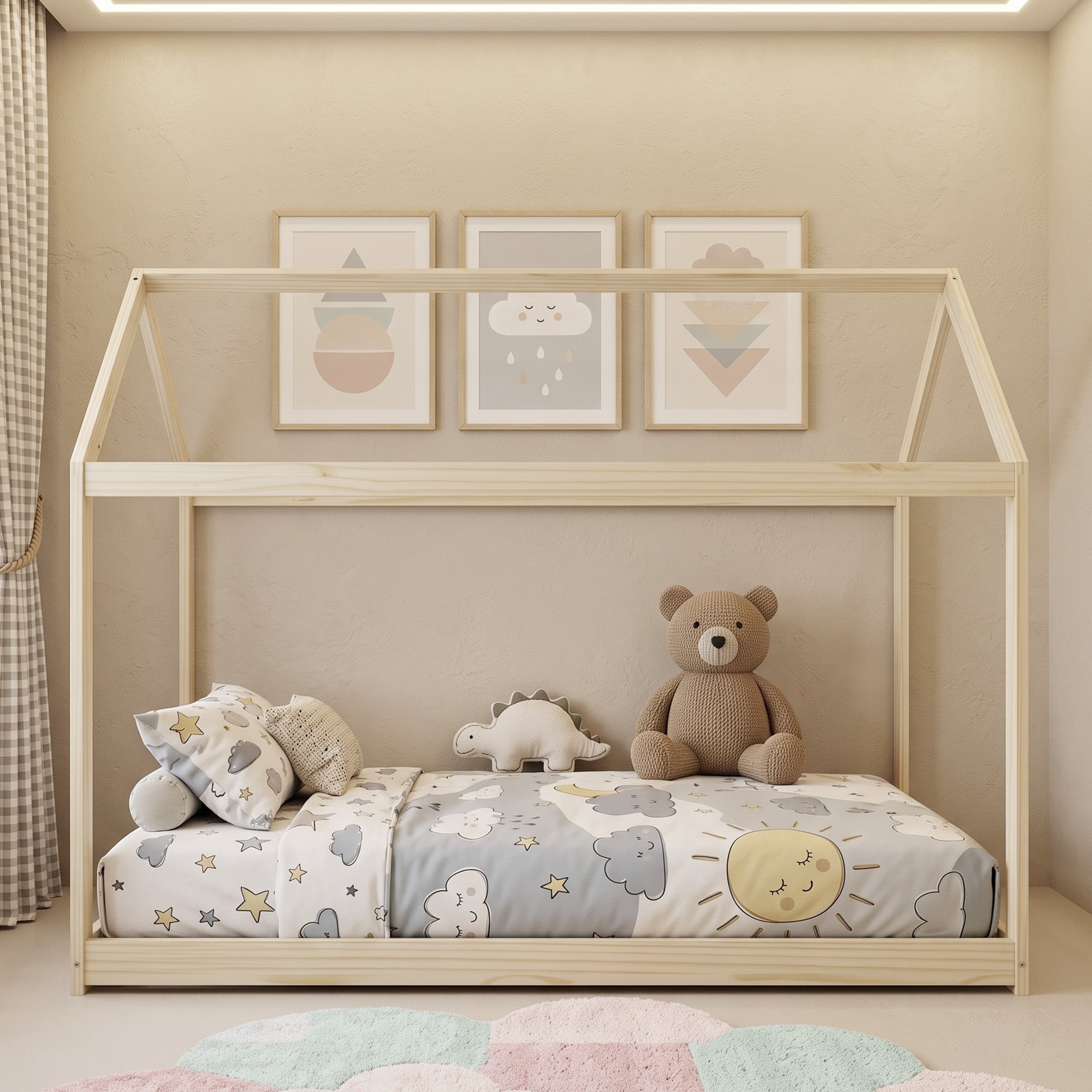 Single Bed Frame, House Scandinavian Style Wooden Bed Frame for 90W x 190Dcm Mattress, Pine Wood Bed Base, Natural Wood Finish