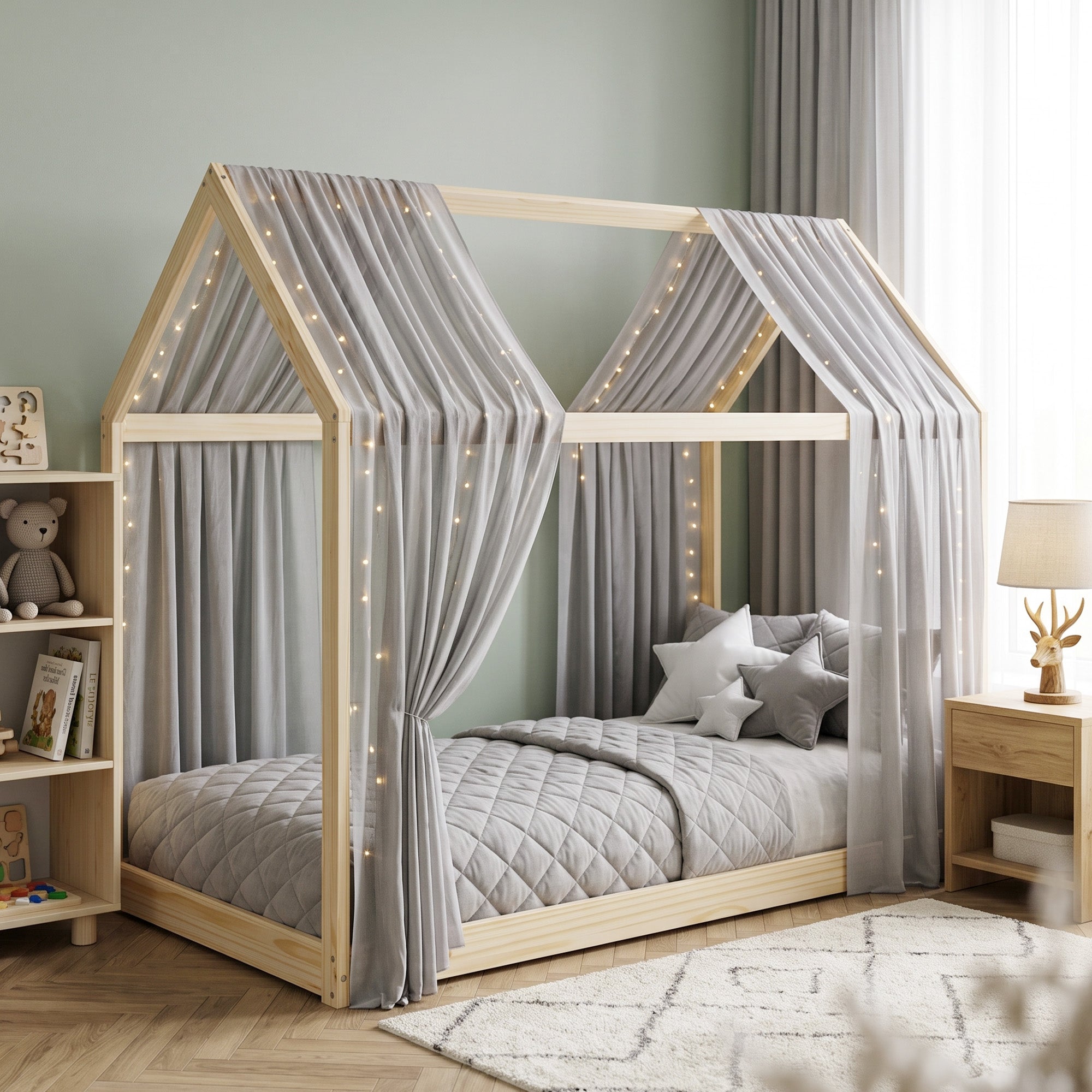 Single Bed Frame, House Scandinavian Style Wooden Bed Frame for 90W x 190Dcm Mattress, Pine Wood Bed Base, Natural Wood Finish