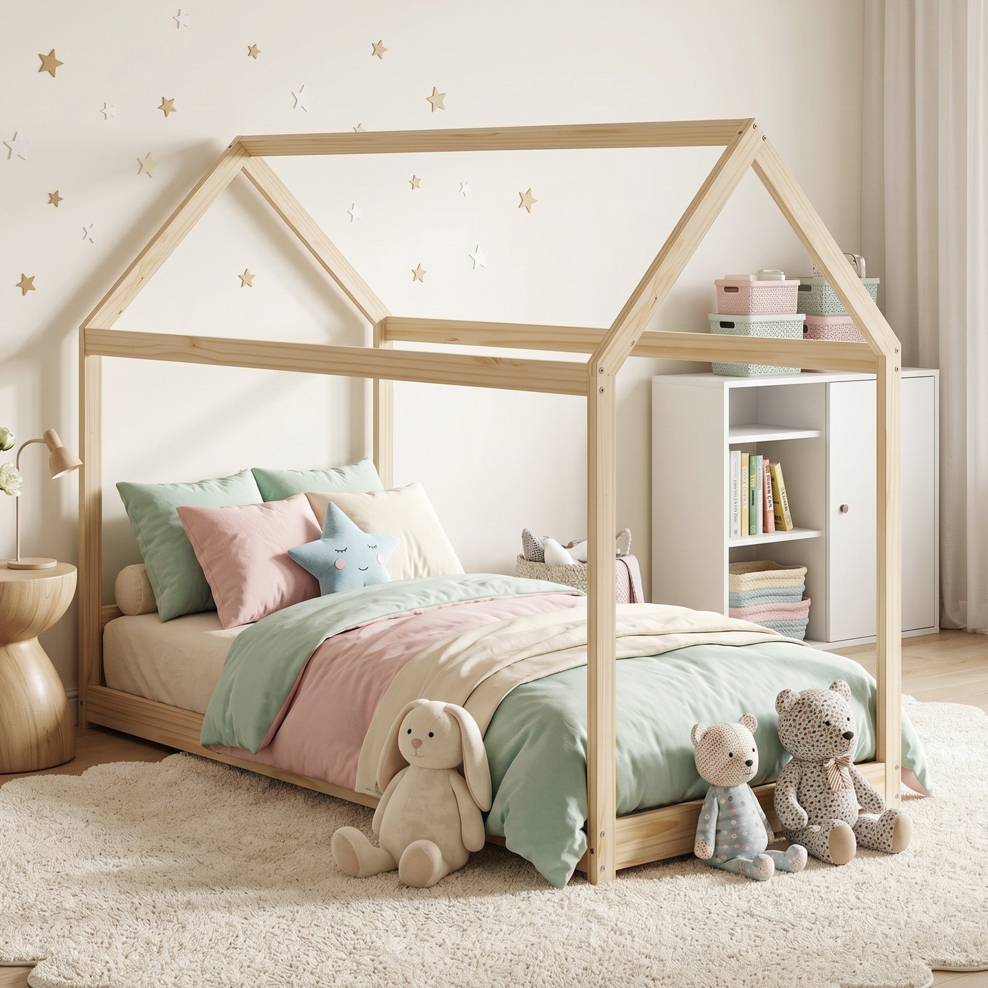 Single Bed Frame, House Scandinavian Style Wooden Bed Frame for 90W x 190Dcm Mattress, Pine Wood Bed Base, Natural Wood Finish