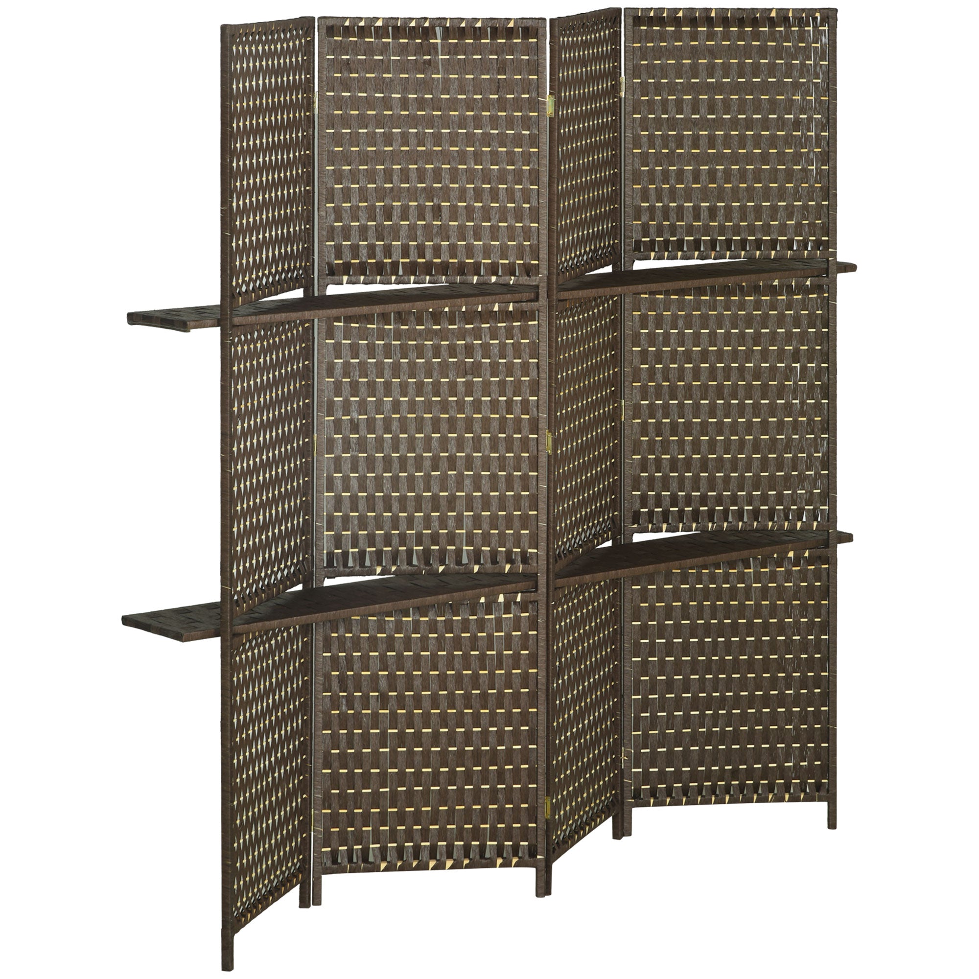 HOMCOM 4-Panel Room Dividers with Shelves, Wave Fibre Freestanding Folding Privacy Screen Panels, Partition Wall Divider for Indoor Bedroom Office, 180 cm, Brown