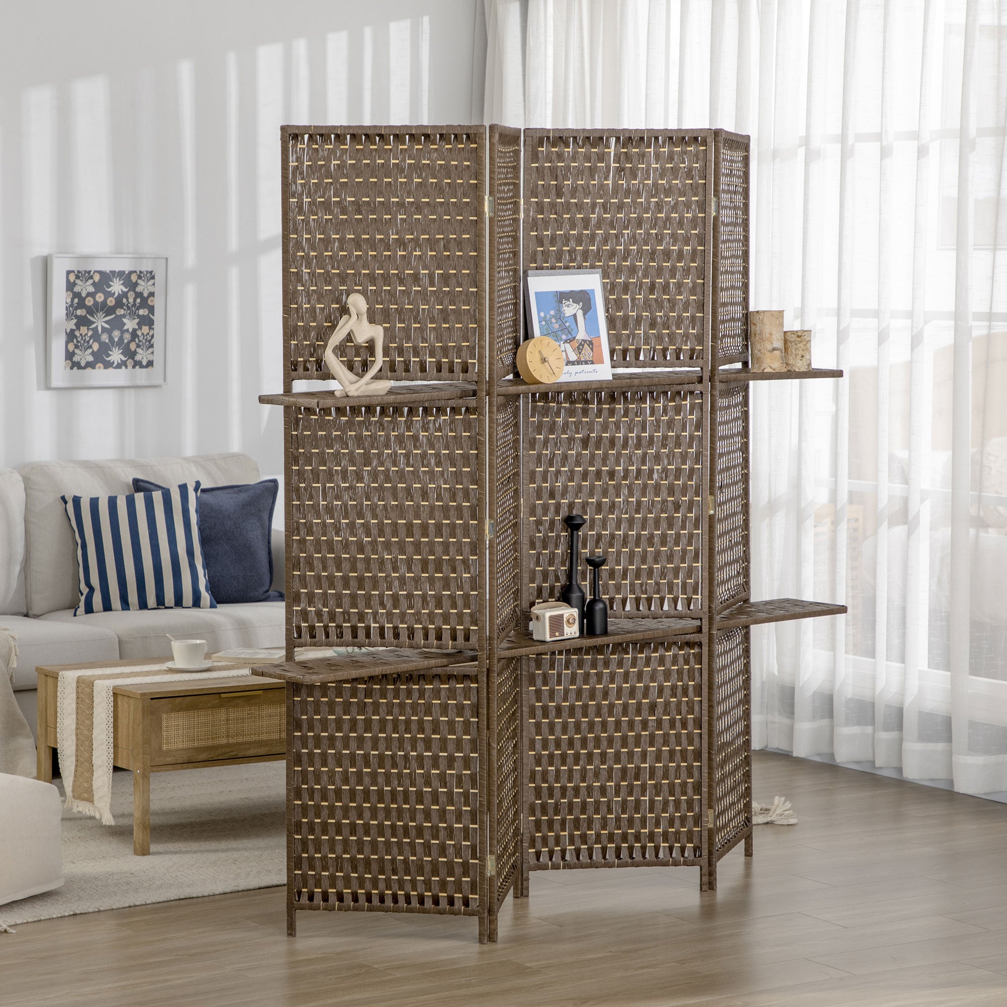 HOMCOM 4-Panel Room Dividers with Shelves, Wave Fibre Freestanding Folding Privacy Screen Panels, Partition Wall Divider for Indoor Bedroom Office, 180 cm, Brown