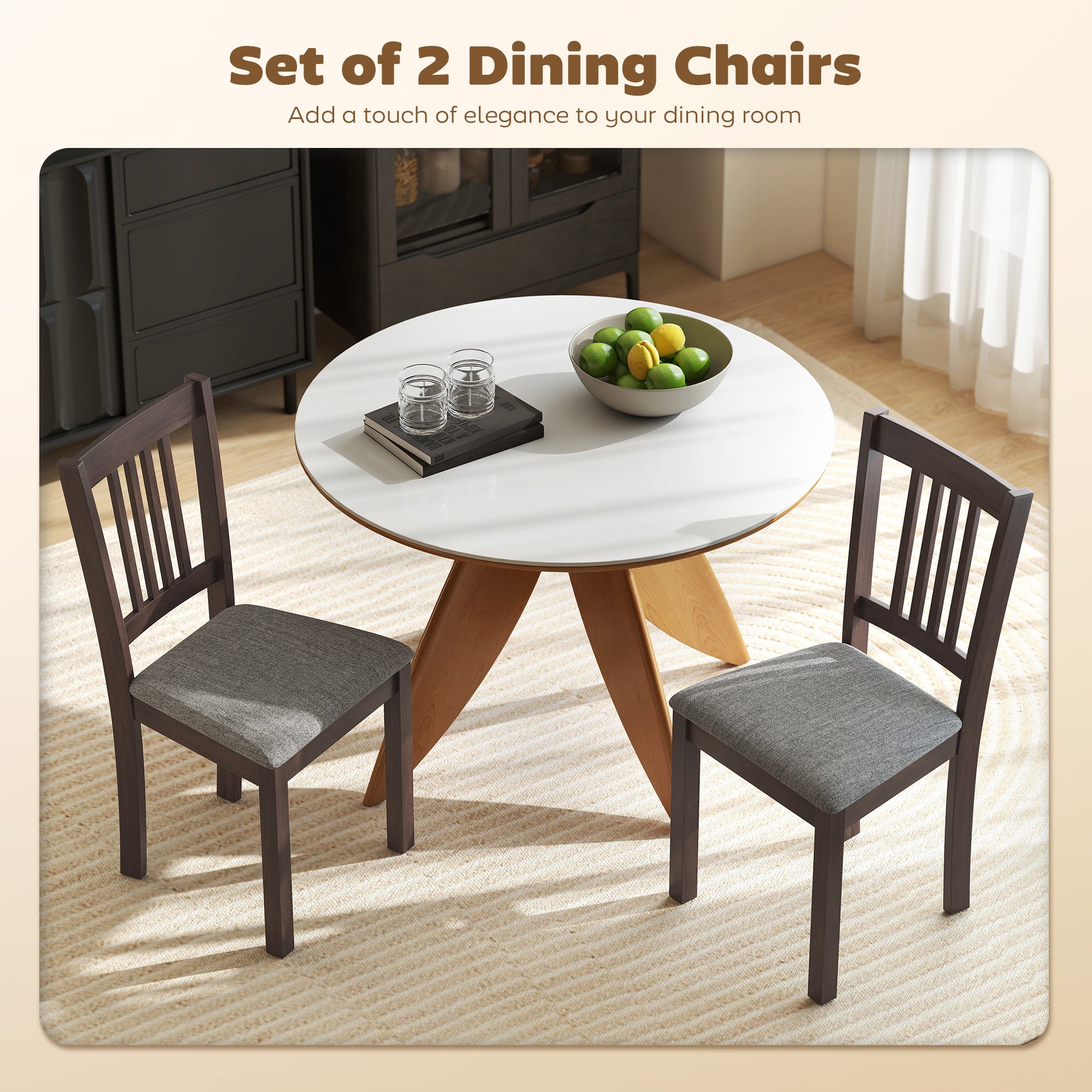 Modern Dining Chairs Set of 2, Linen Fabric Upholstered Kitchen Chairs with Rubberwood Legs for Dining Room, Living Room, Gray and Walnut