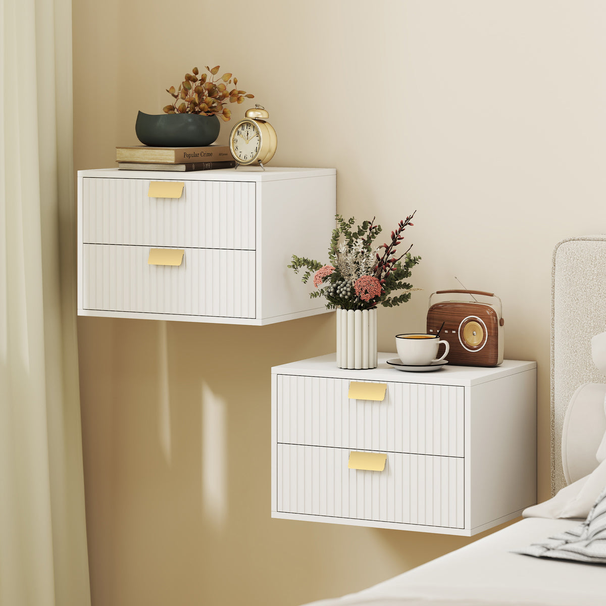 Modern Floating Nightstands Set of 2, Wall Mounted Narrow Bedside Tables with 2 Wave Drawers, Side End Tables for Bedroom or Living Room, White
