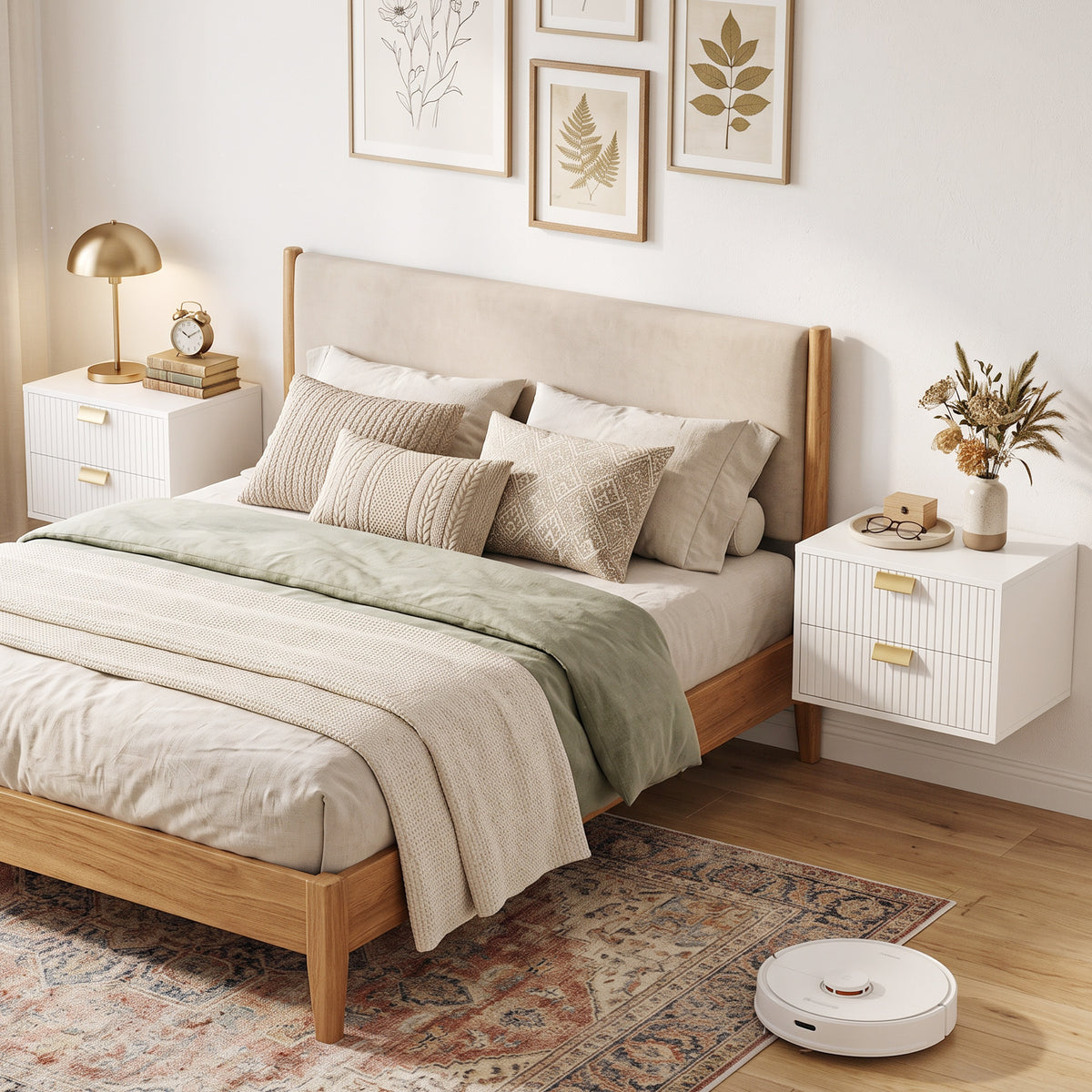 Modern Floating Nightstands Set of 2, Wall Mounted Narrow Bedside Tables with 2 Wave Drawers, Side End Tables for Bedroom or Living Room, White