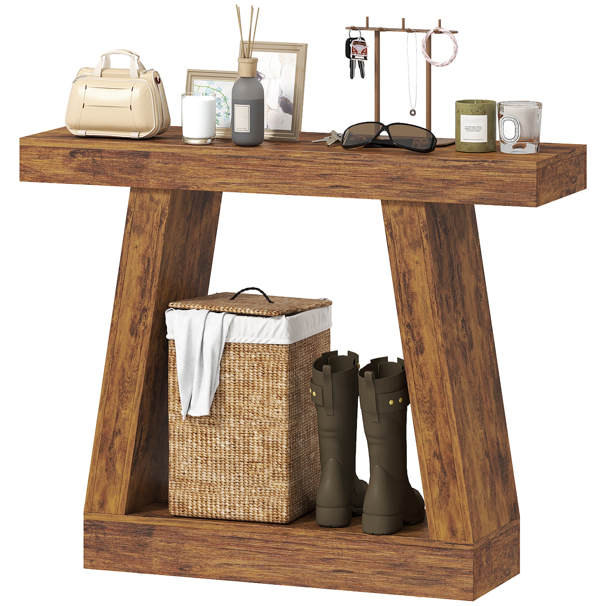 42" Farmhouse Console Table, 2-Tier Entryway Table with Storage and Thickened Tabletop for Hallway, Living Room, Entrance, Behind Couch, Dark Brown