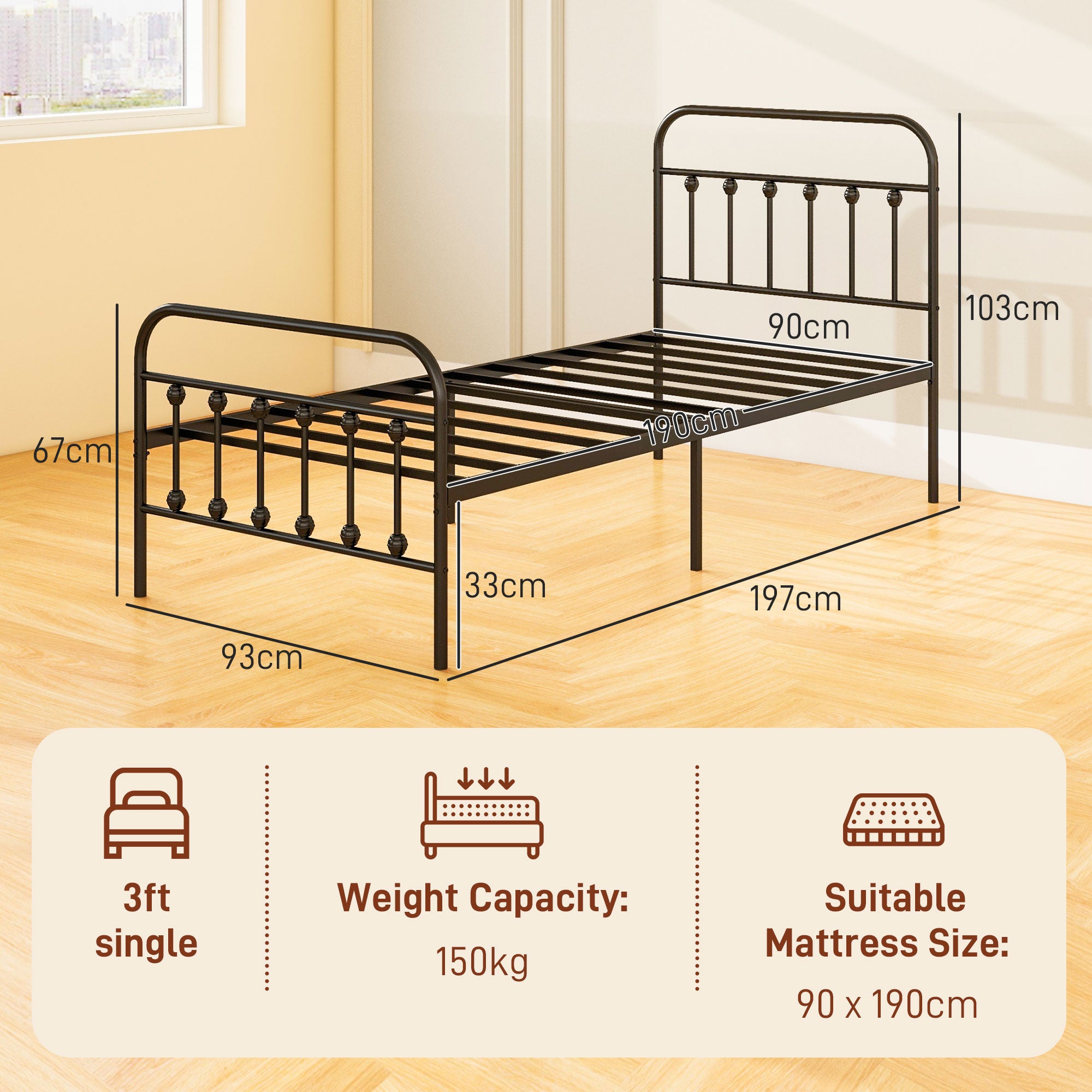 HOMCOM 3ft Single Bed Frame with Underbed Storage, Metal Platform Bed frame with Tall Headboard, Footboard and Steel Slat Support, No Box Spring Needed, Easy Assembly, Black