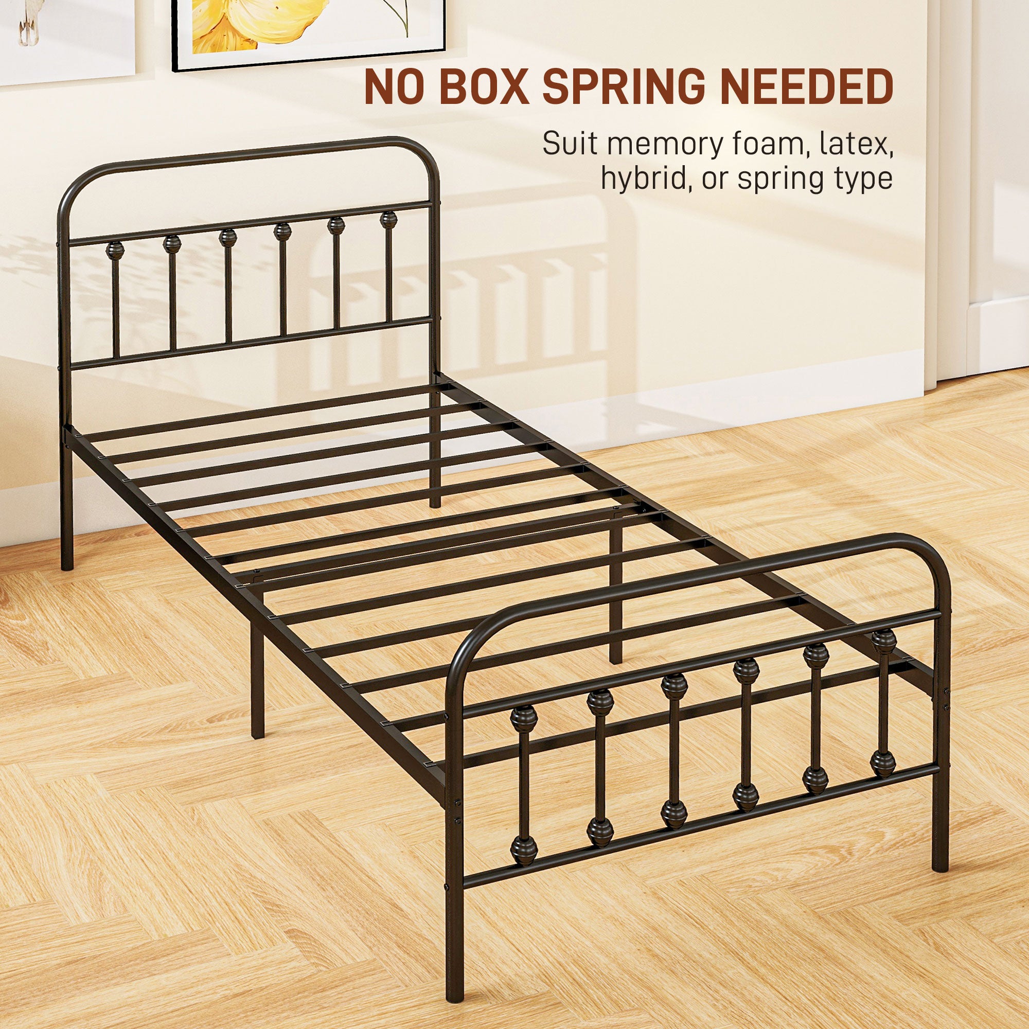 HOMCOM 3ft Single Bed Frame with Underbed Storage, Metal Platform Bed frame with Tall Headboard, Footboard and Steel Slat Support, No Box Spring Needed, Easy Assembly, Black