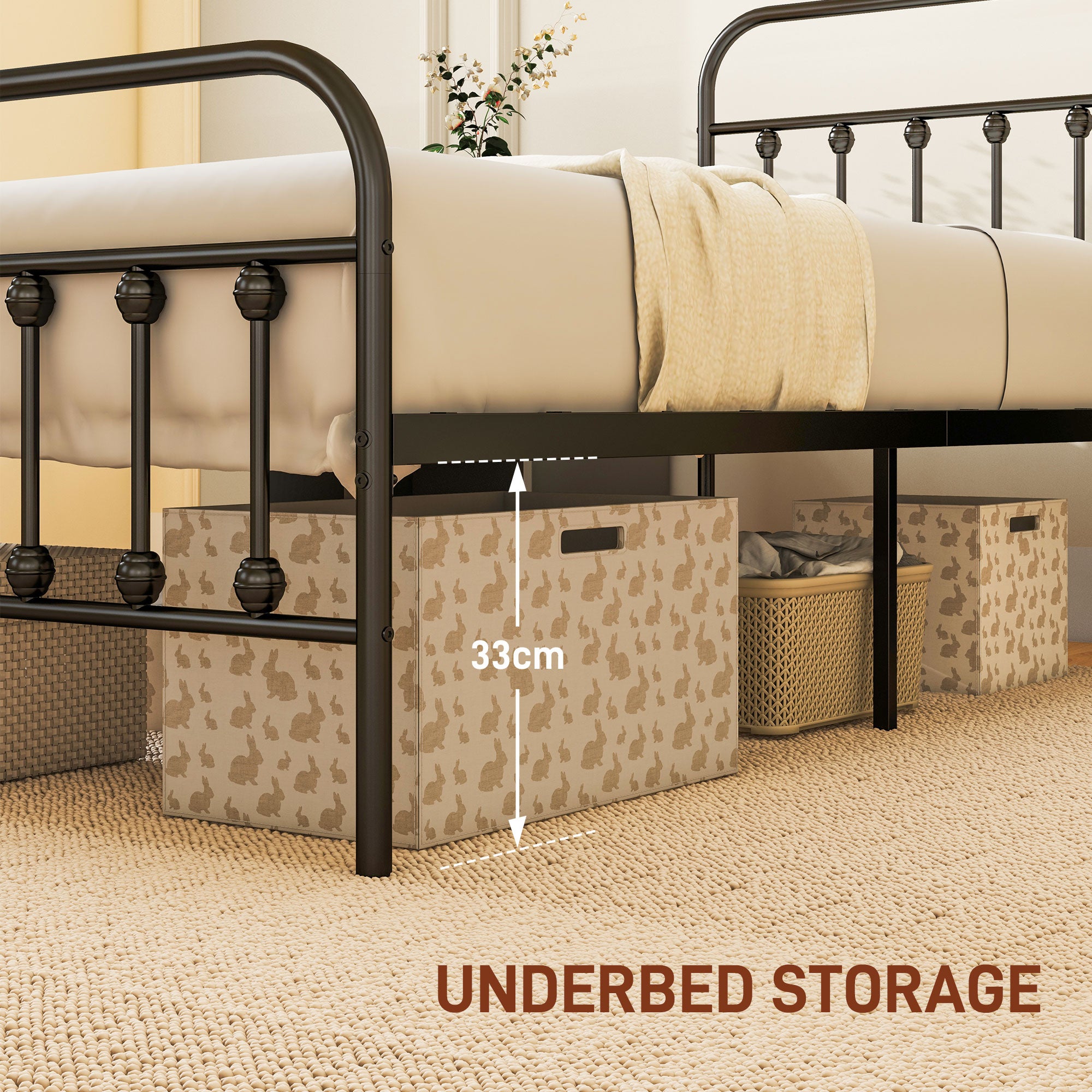 HOMCOM 3ft Single Bed Frame with Underbed Storage, Metal Platform Bed frame with Tall Headboard, Footboard and Steel Slat Support, No Box Spring Needed, Easy Assembly, Black
