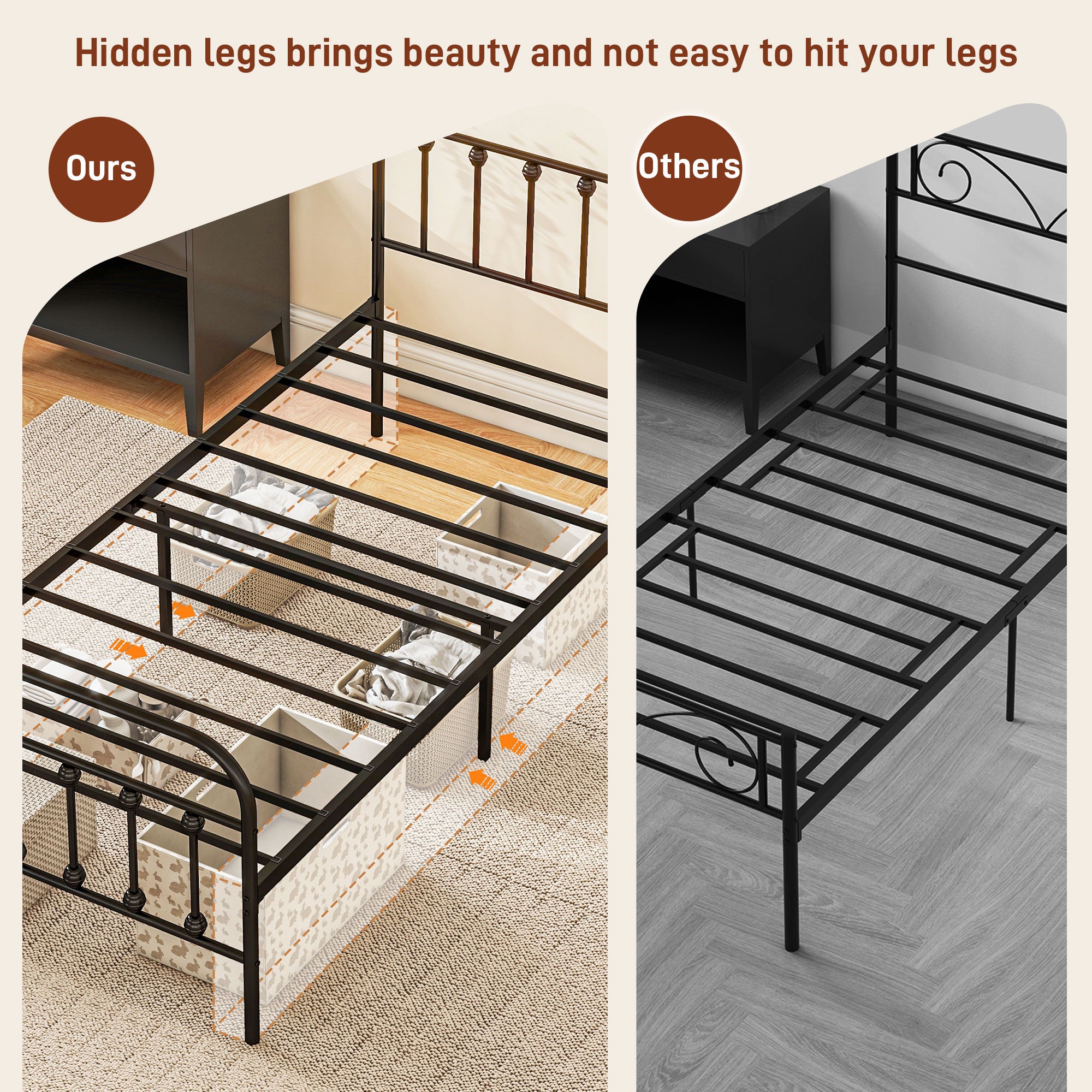 HOMCOM 3ft Single Bed Frame with Underbed Storage, Metal Platform Bed frame with Tall Headboard, Footboard and Steel Slat Support, No Box Spring Needed, Easy Assembly, Black