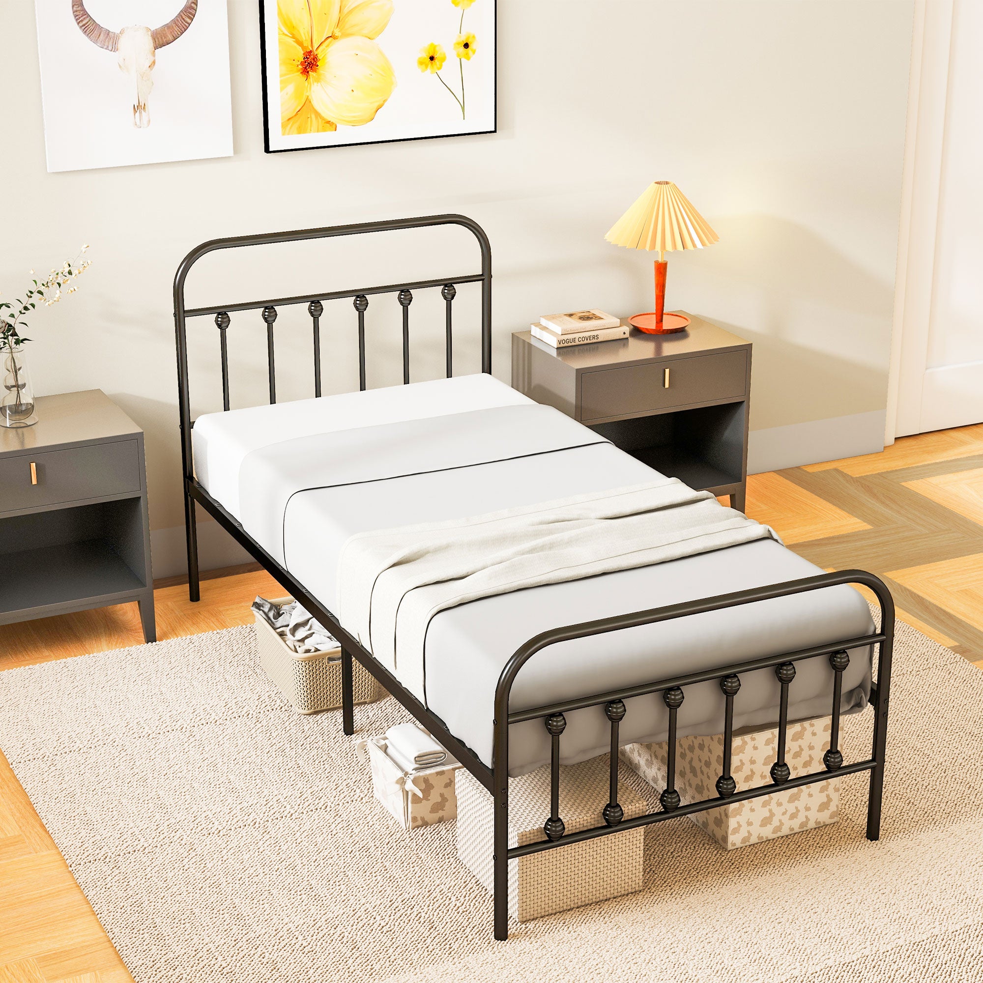 HOMCOM 3ft Single Bed Frame with Underbed Storage, Metal Platform Bed frame with Tall Headboard, Footboard and Steel Slat Support, No Box Spring Needed, Easy Assembly, Black