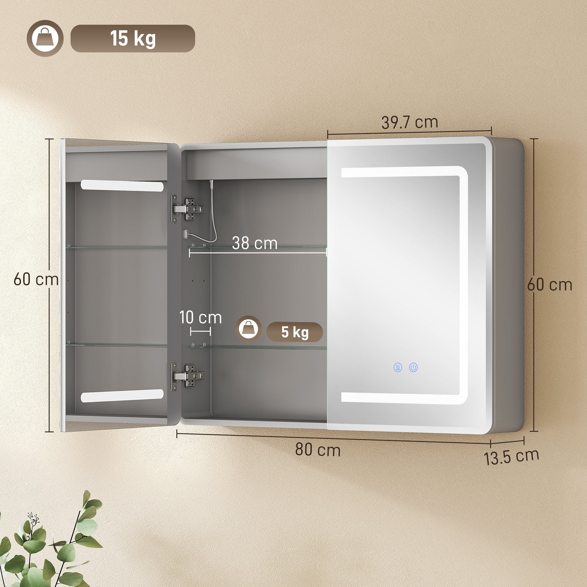 Bathroom Mirror Cabinet with LED Lights and Double-Sided Mirrors, 600 x 800 mm Aluminium Wall Mounted Bathroom Cabinet with Anti-Fog, 3 Colour Dimmable Lighting, Adjustable Shelves