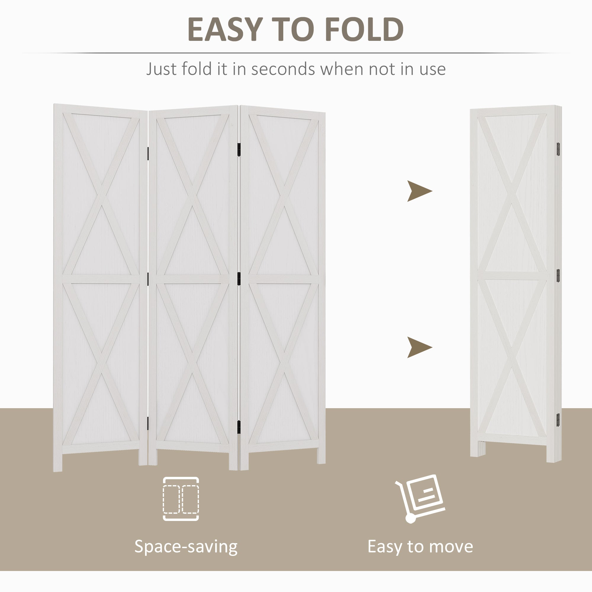 HOMCOM 3 Panel Room Divider, 5.6 Ft Folding Privacy Screen, Freestanding Wooden Wall Partition for Bedroom, Office, White