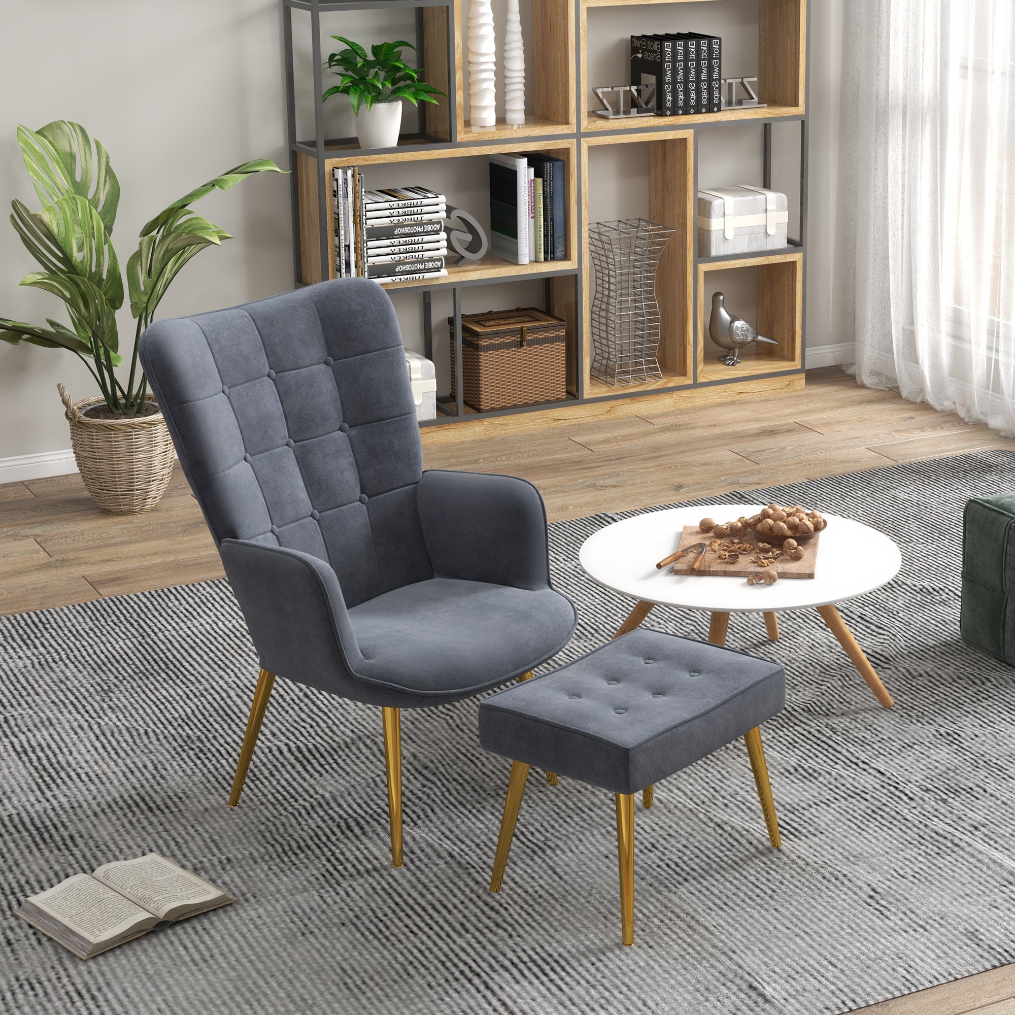 HOMCOM Modern Armchair with Footstool, Upholstered Accent Chair with Ottoman, Steel Legs, Velvet Wingback Chair for Living Room, Bedroom, Home Study, Dark Grey