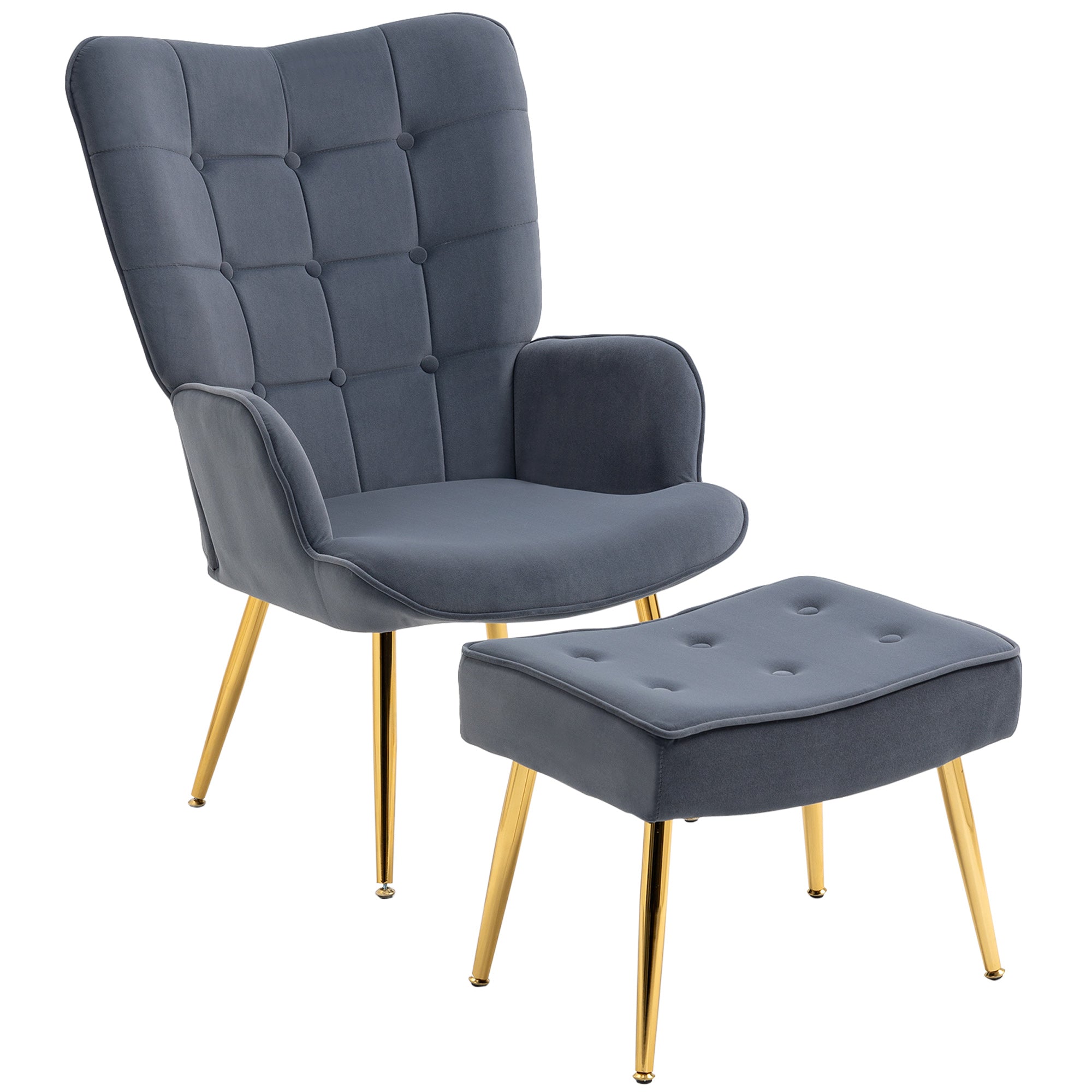HOMCOM Modern Armchair with Footstool, Upholstered Accent Chair with Ottoman, Steel Legs, Velvet Wingback Chair for Living Room, Bedroom, Home Study, Dark Grey