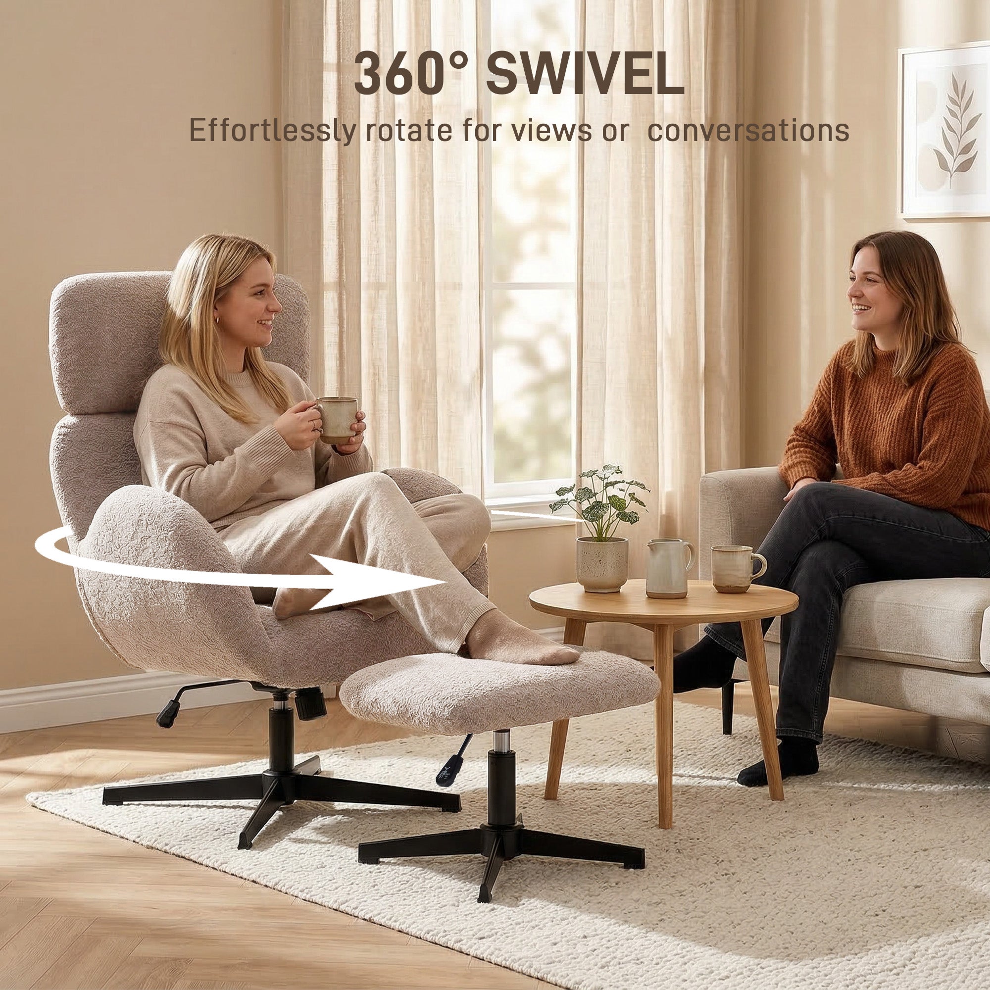 Swivel Armchair and Footstool Set, Raindrop Velvet Height Adjustable Accent Chair with Adjustable Headrest, Rocking Function, Wide Back, Modern Lounge Chair for Living Room, Light Brown