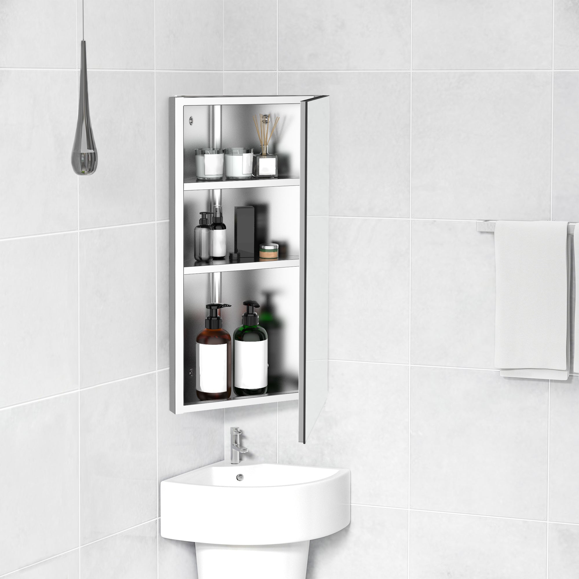 HOMCOM Wall mounted Bathroom Corner Mirror Storage Cabinet Stainless Steel with Single Door