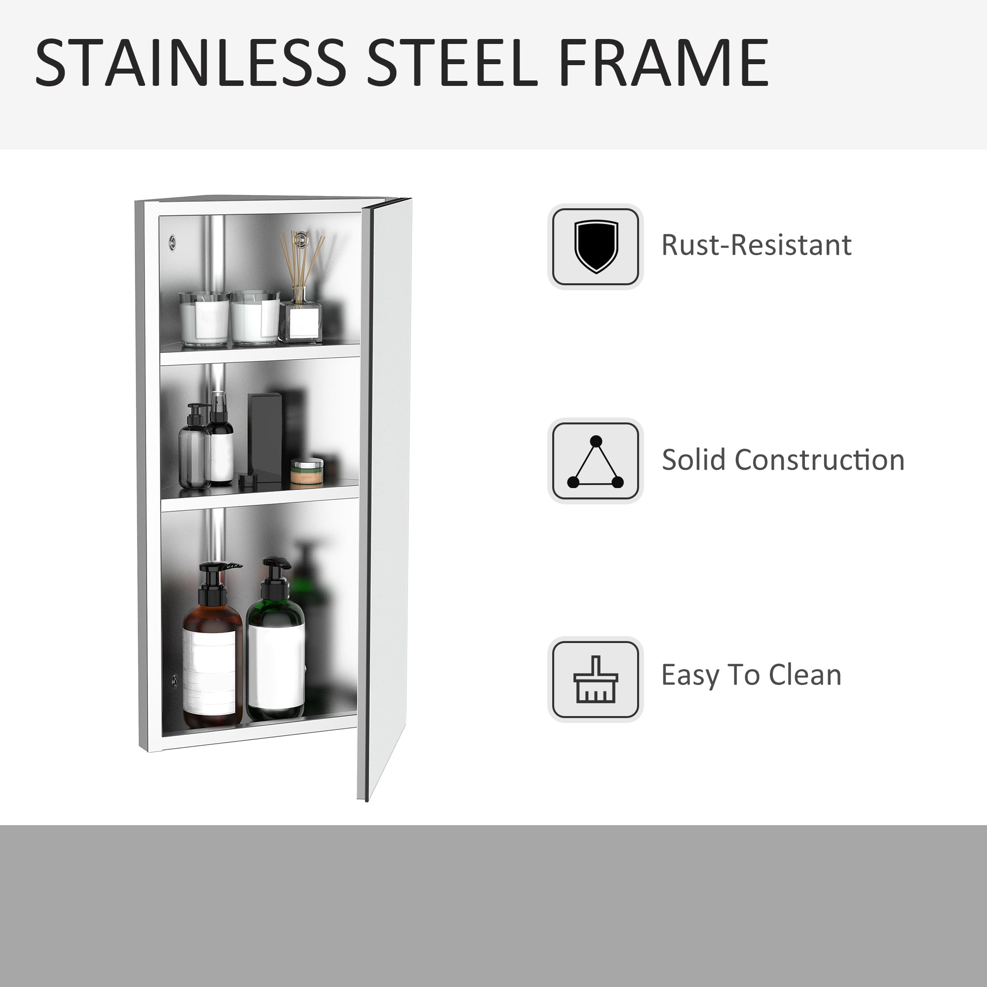 HOMCOM Wall mounted Bathroom Corner Mirror Storage Cabinet Stainless Steel with Single Door