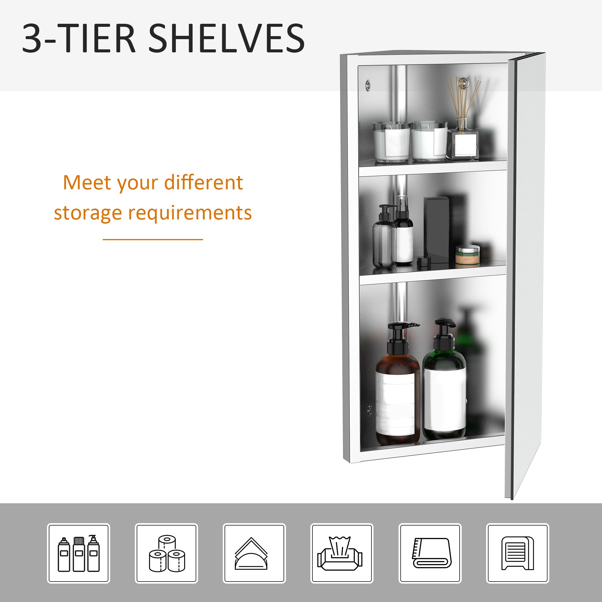 HOMCOM Wall mounted Bathroom Corner Mirror Storage Cabinet Stainless Steel with Single Door