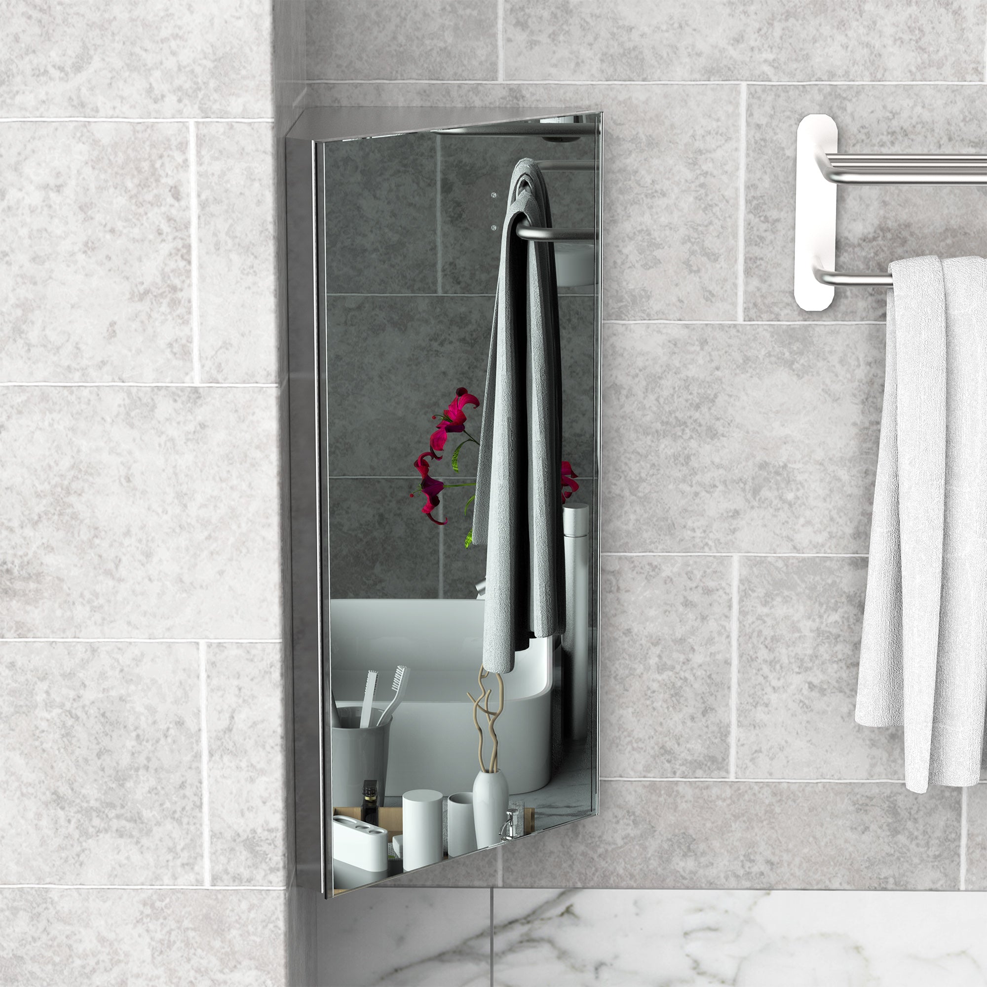 HOMCOM Wall mounted Bathroom Corner Mirror Storage Cabinet Stainless Steel with Single Door