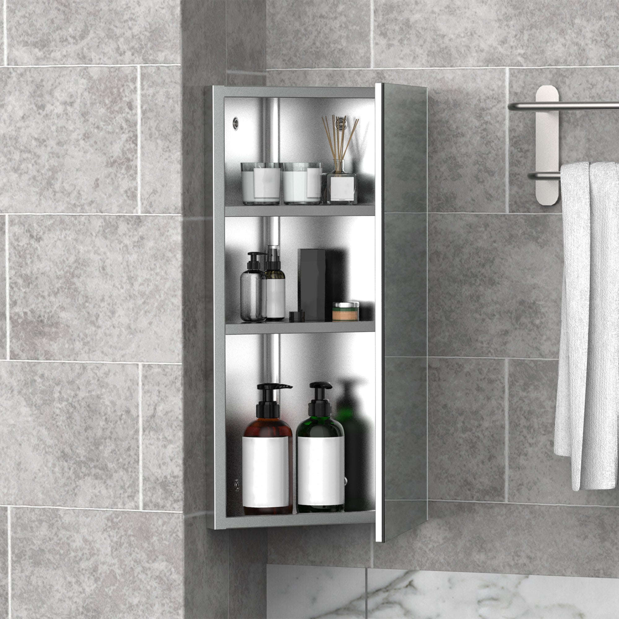 HOMCOM Wall mounted Bathroom Corner Mirror Storage Cabinet Stainless Steel with Single Door