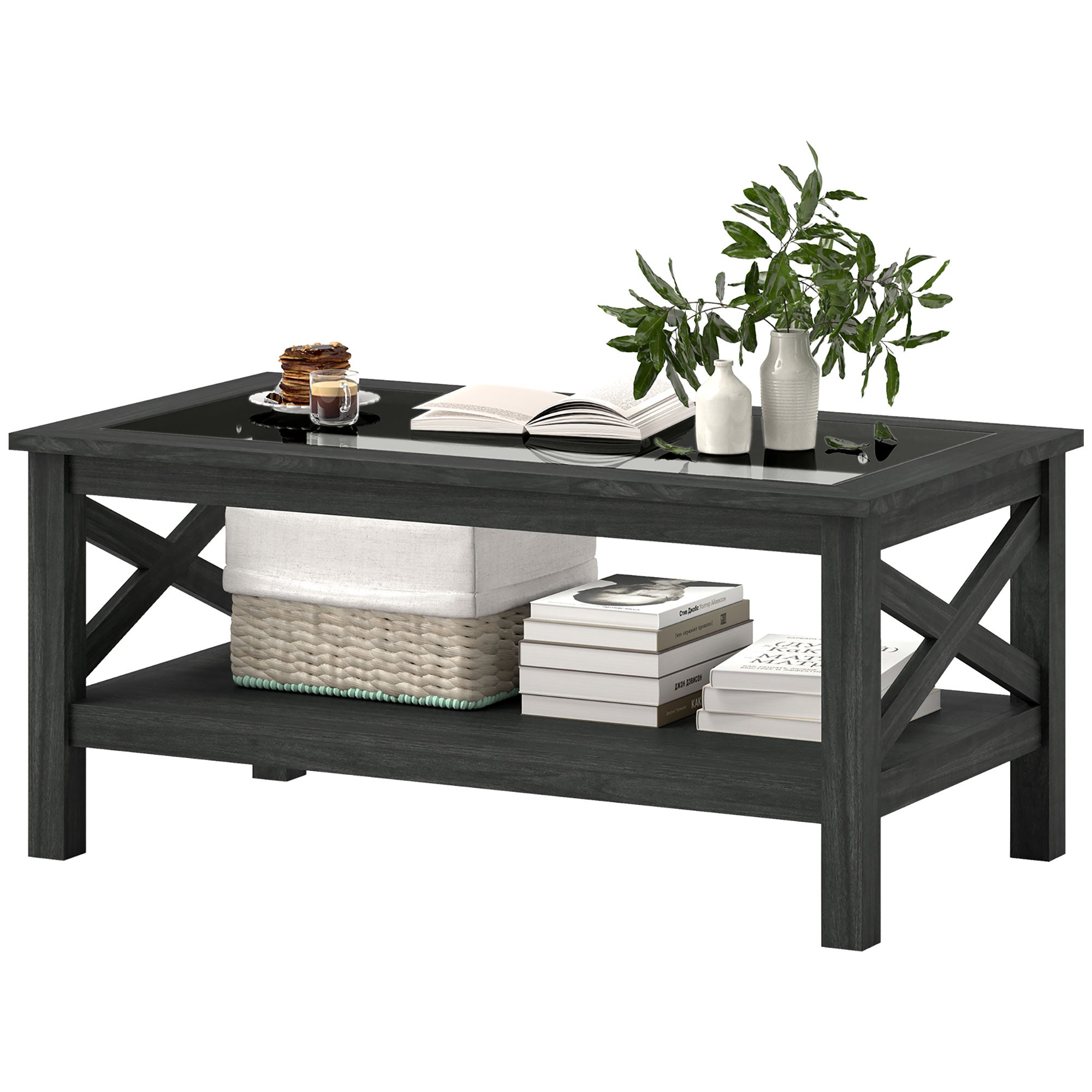 Coffee Table with Tempered Glass Tabletop, Living Room Table with Wood Frame and Underneath Storage Shelf, Black