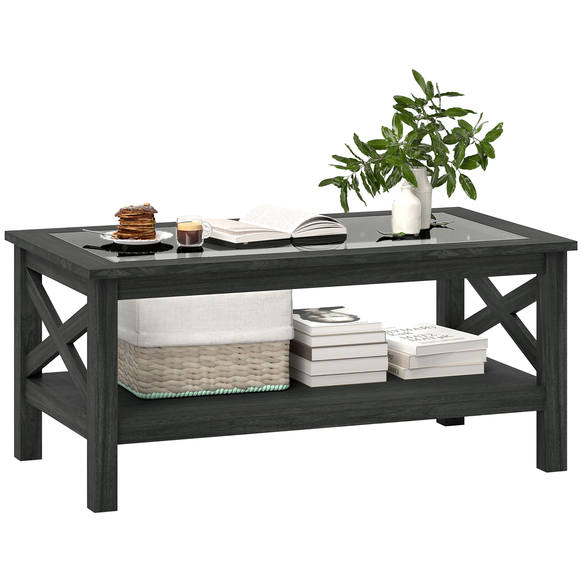 Coffee Table with Tempered Glass Tabletop, Living Room Table with Wood Frame and Underneath Storage Shelf, Black