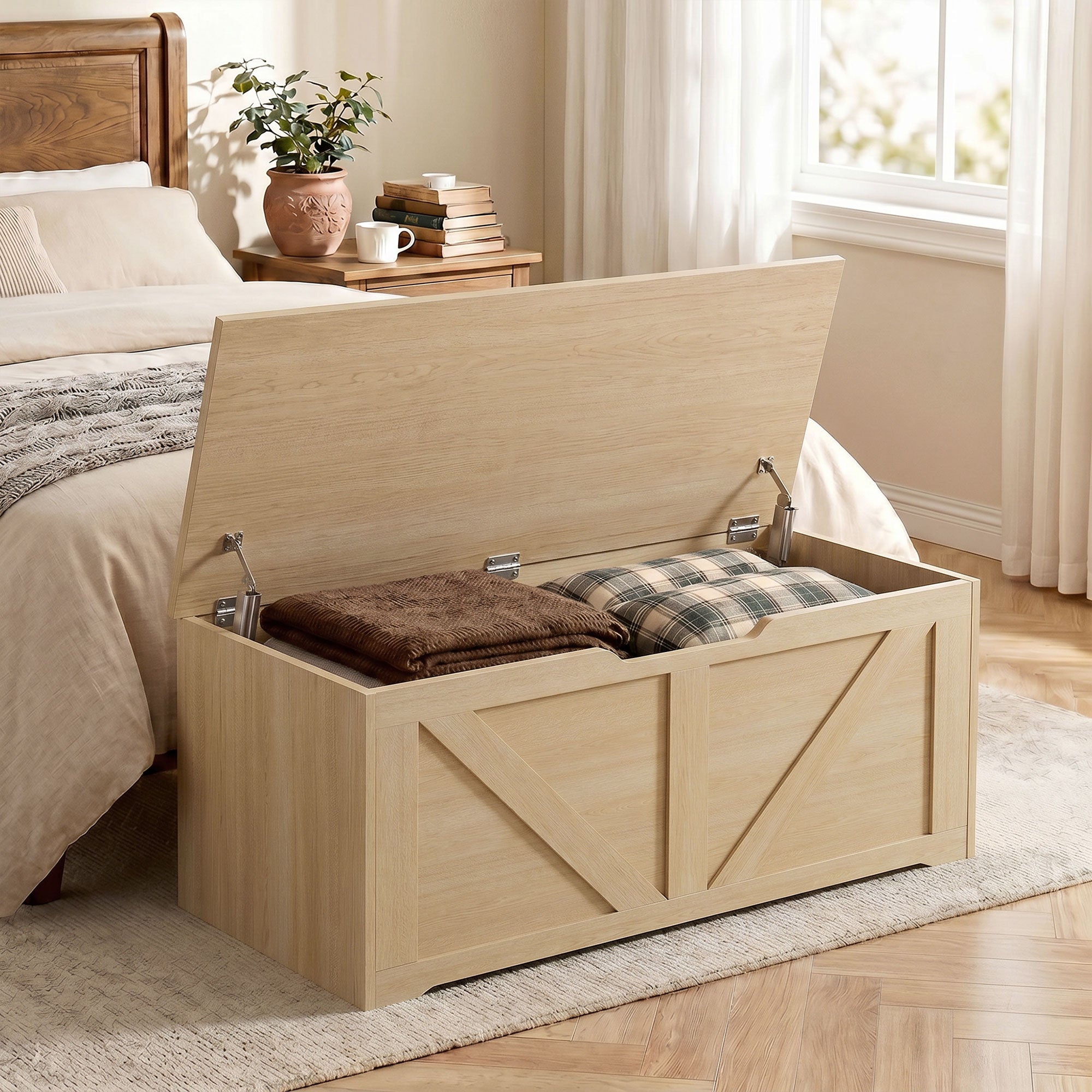 127L Storage Chest, Shoe Storage Trunk Bench Box with 2 Safety Hinges and U-shaped Cut-out Pull, Blanket Box Ottoman for Bedroom, Living Room, Entryway, 100 x 40 x 45 cm, Nature Wood Finish