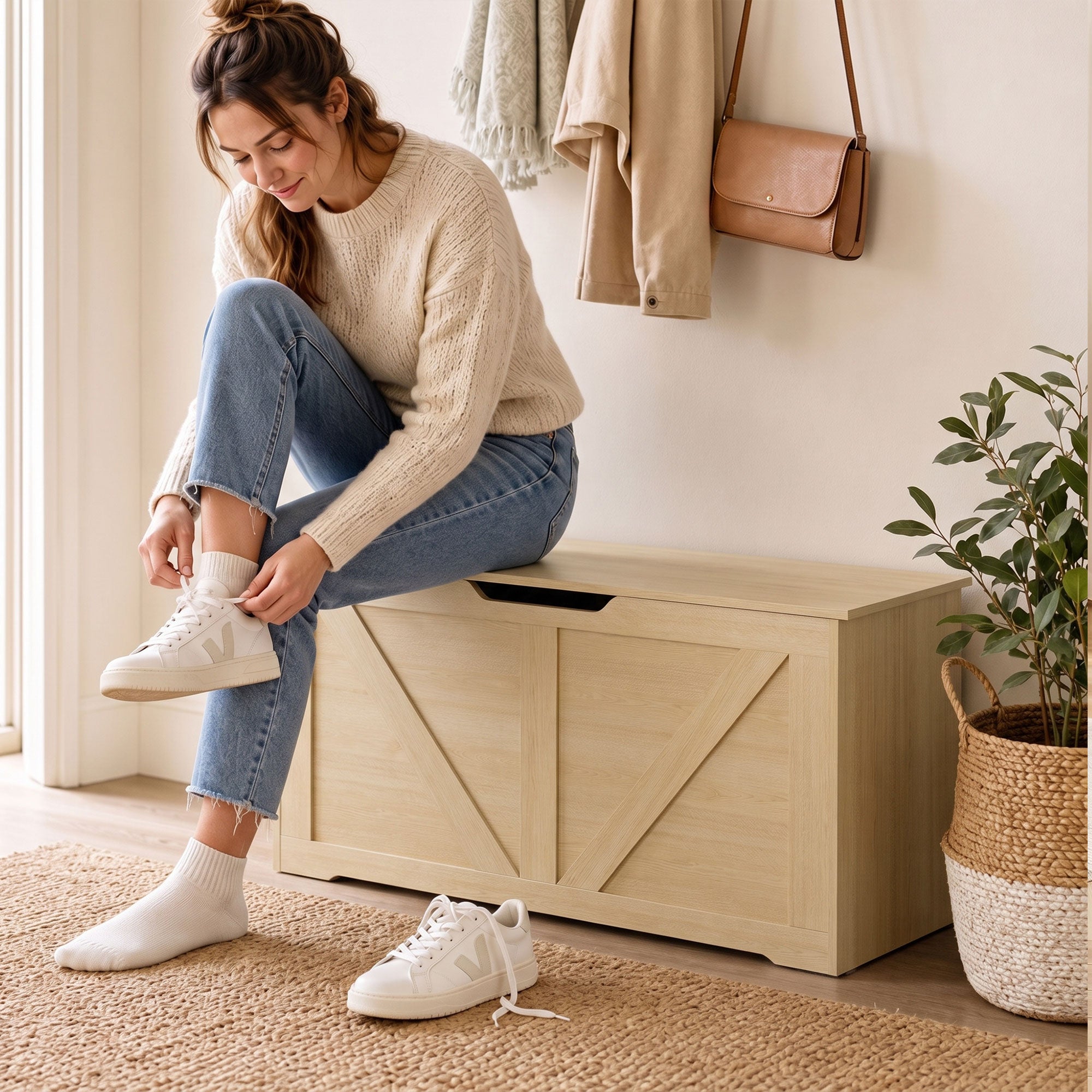 127L Storage Chest, Shoe Storage Trunk Bench Box with 2 Safety Hinges and U-shaped Cut-out Pull, Blanket Box Ottoman for Bedroom, Living Room, Entryway, 100 x 40 x 45 cm, Nature Wood Finish