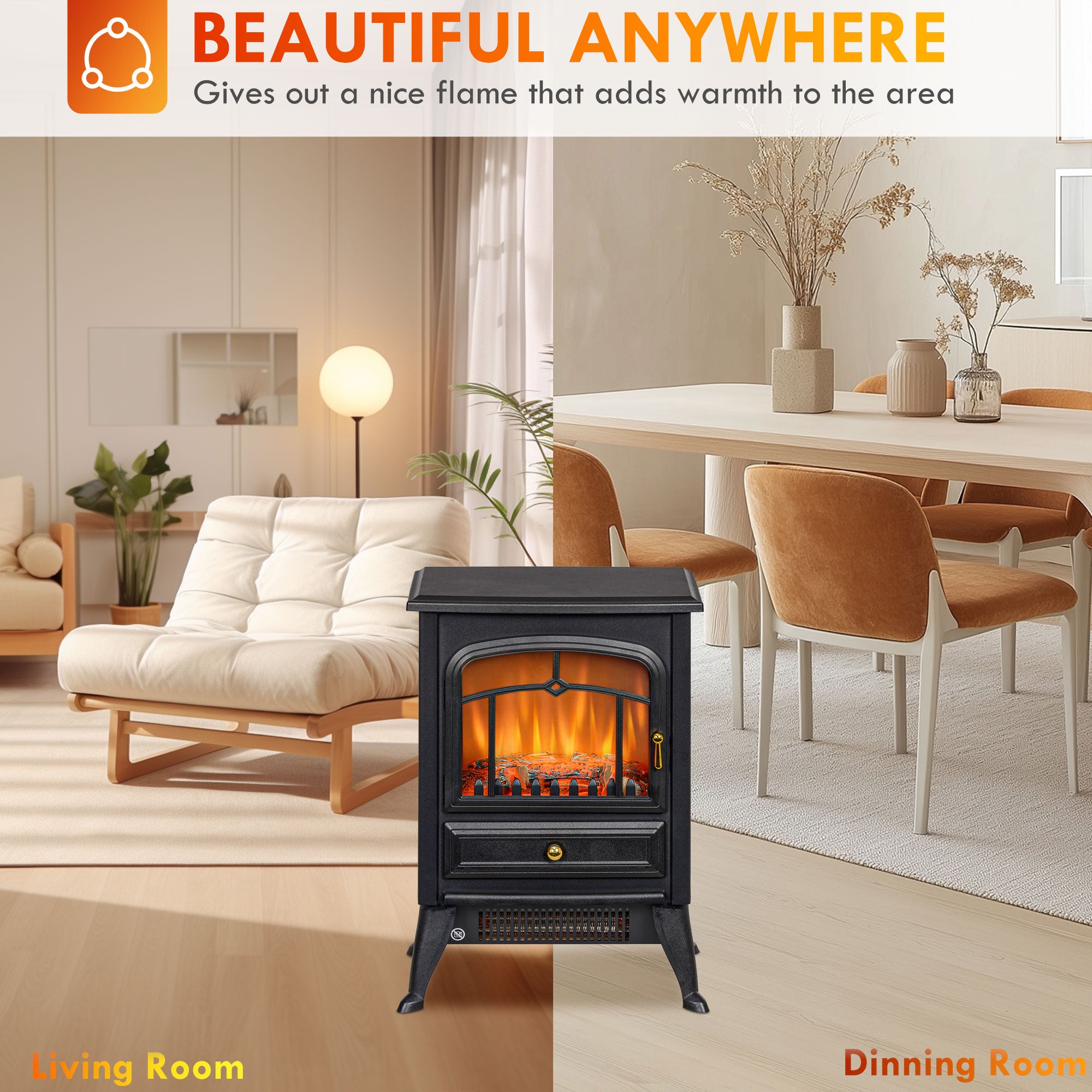 Electric Wood Stove 750W/1500W Freestanding Fireplace Heater with Realistic LED Flames Black