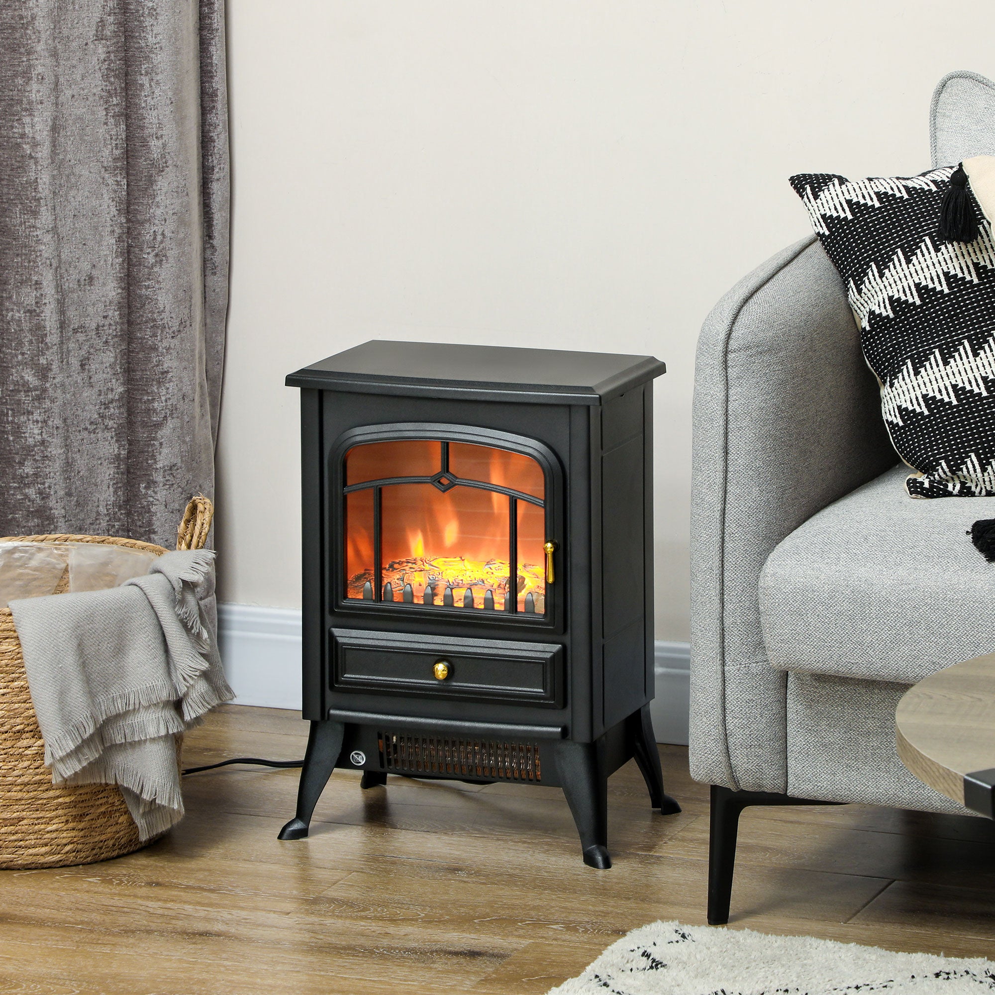 Electric Wood Stove 750W/1500W Freestanding Fireplace Heater with Realistic LED Flames Black