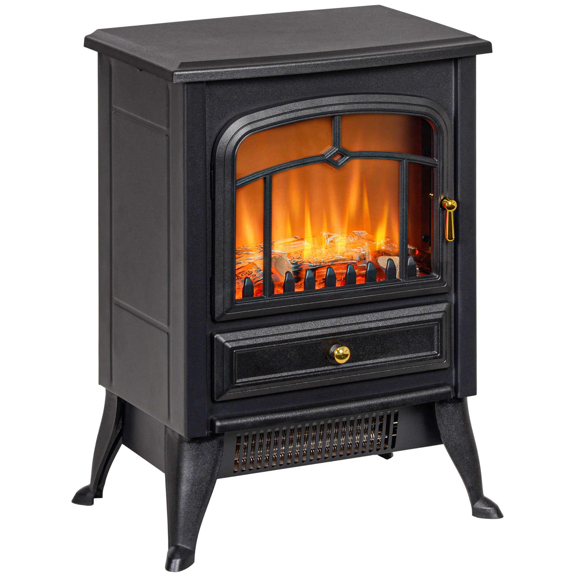 Electric Wood Stove 750W/1500W Freestanding Fireplace Heater with Realistic LED Flames Black