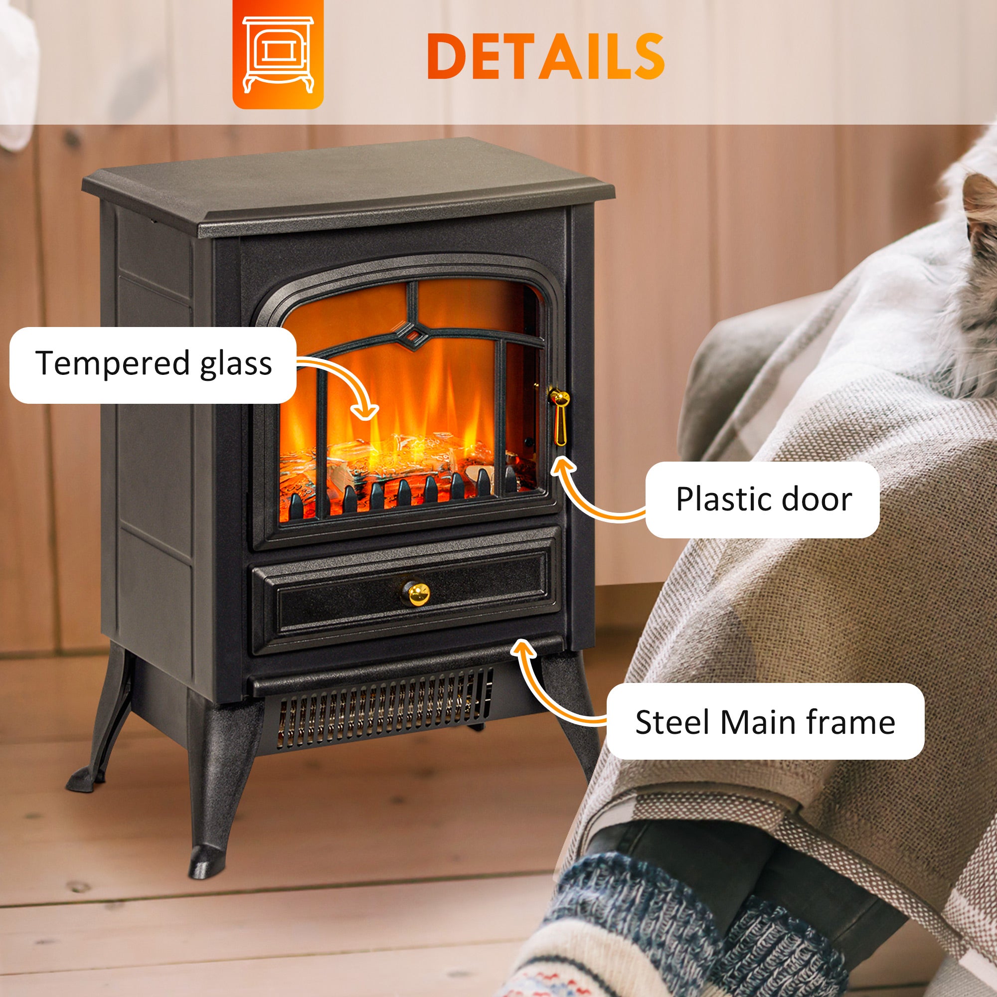 Electric Wood Stove 750W/1500W Freestanding Fireplace Heater with Realistic LED Flames Black