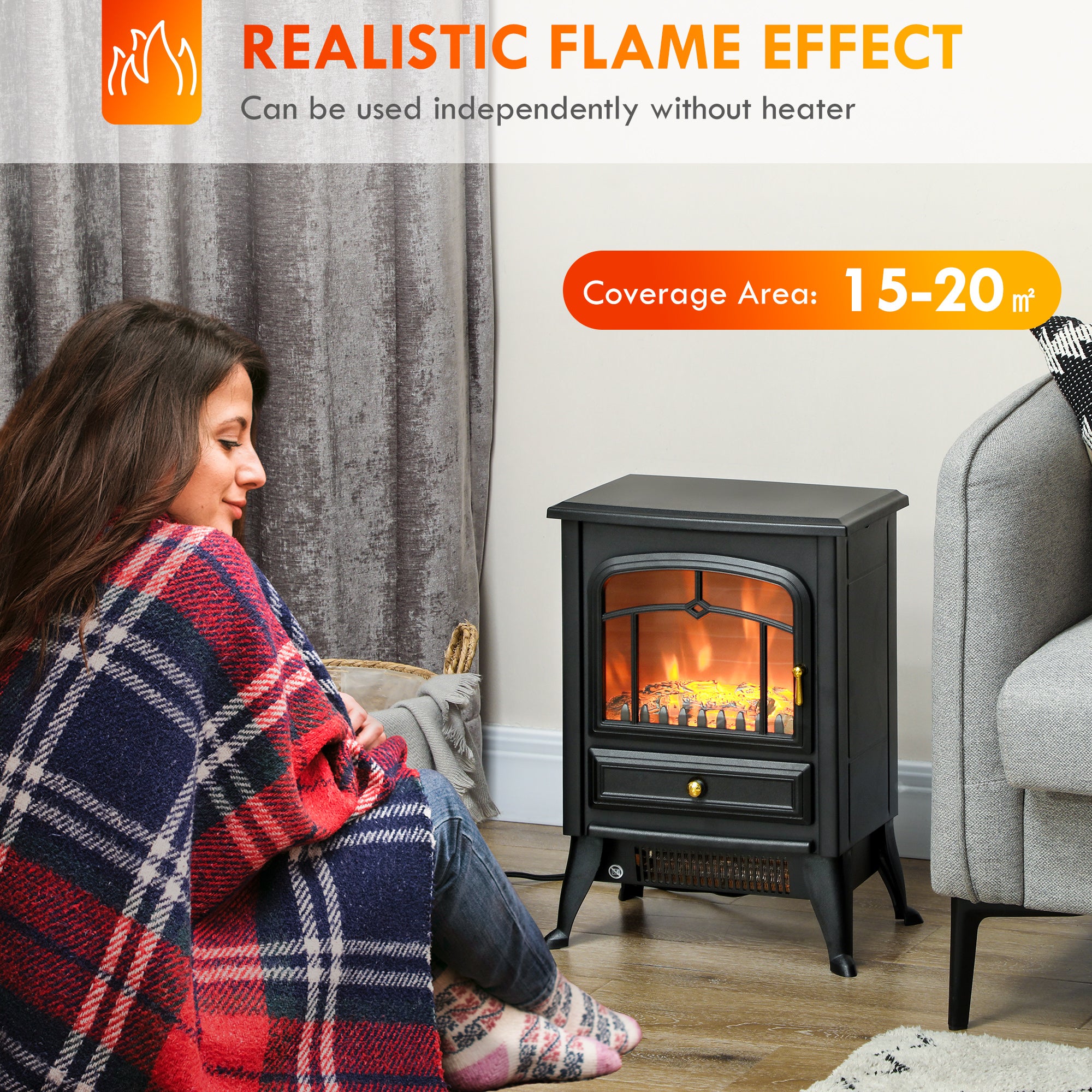 Electric Wood Stove 750W/1500W Freestanding Fireplace Heater with Realistic LED Flames Black