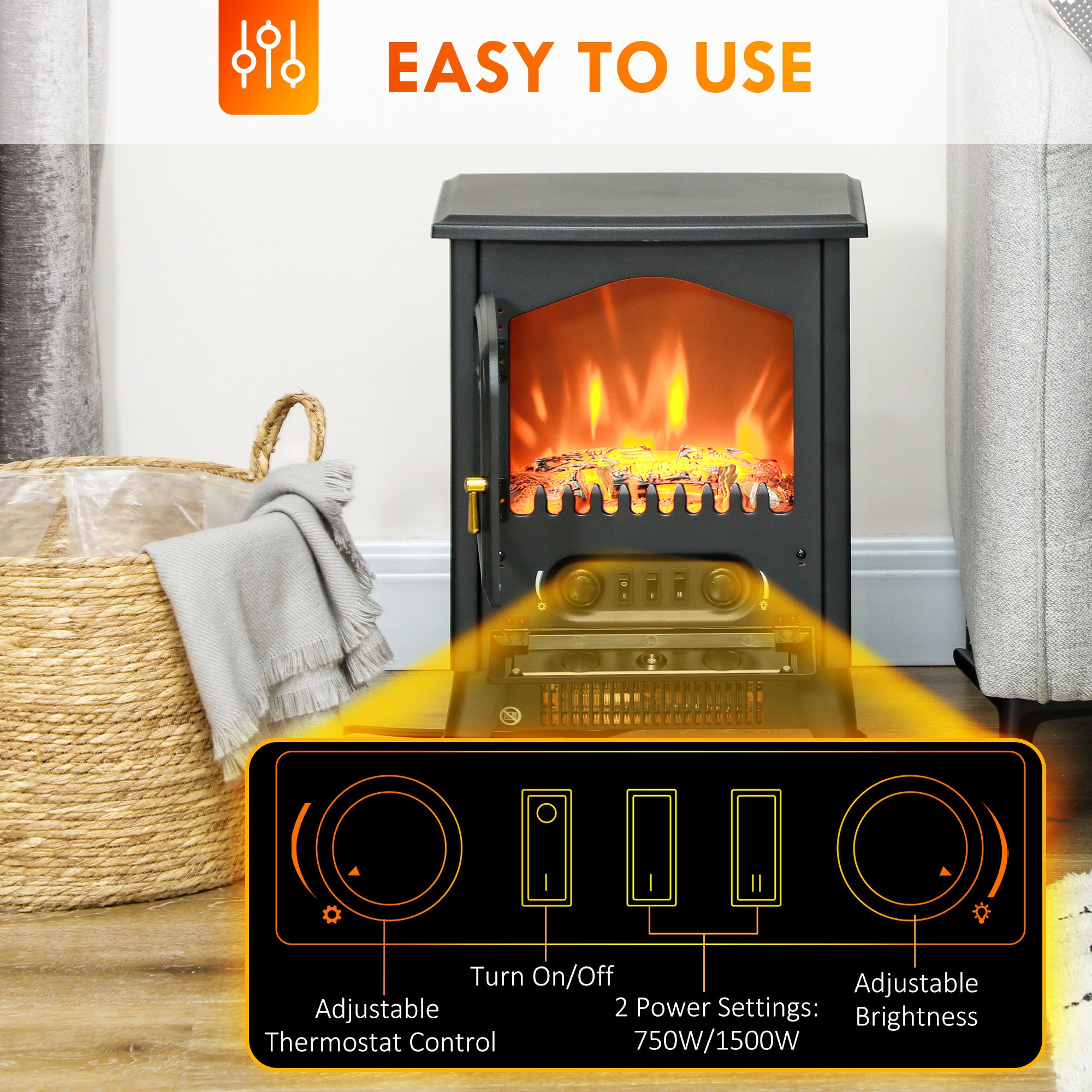 Electric Wood Stove 750W/1500W Freestanding Fireplace Heater with Realistic LED Flames Black