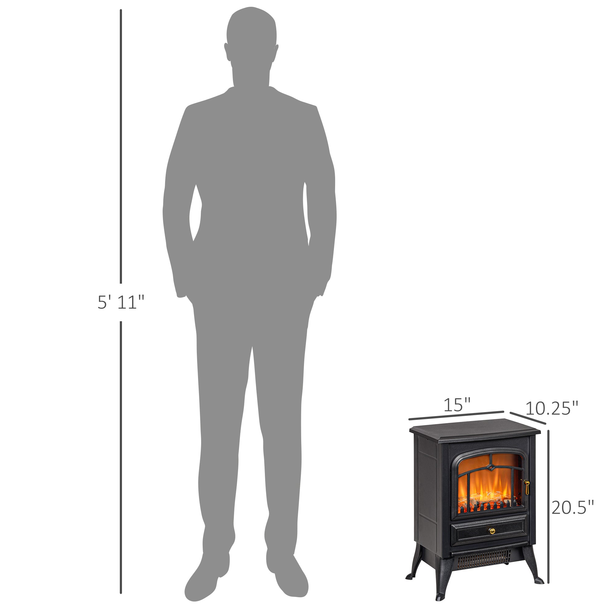 Electric Wood Stove 750W/1500W Freestanding Fireplace Heater with Realistic LED Flames Black