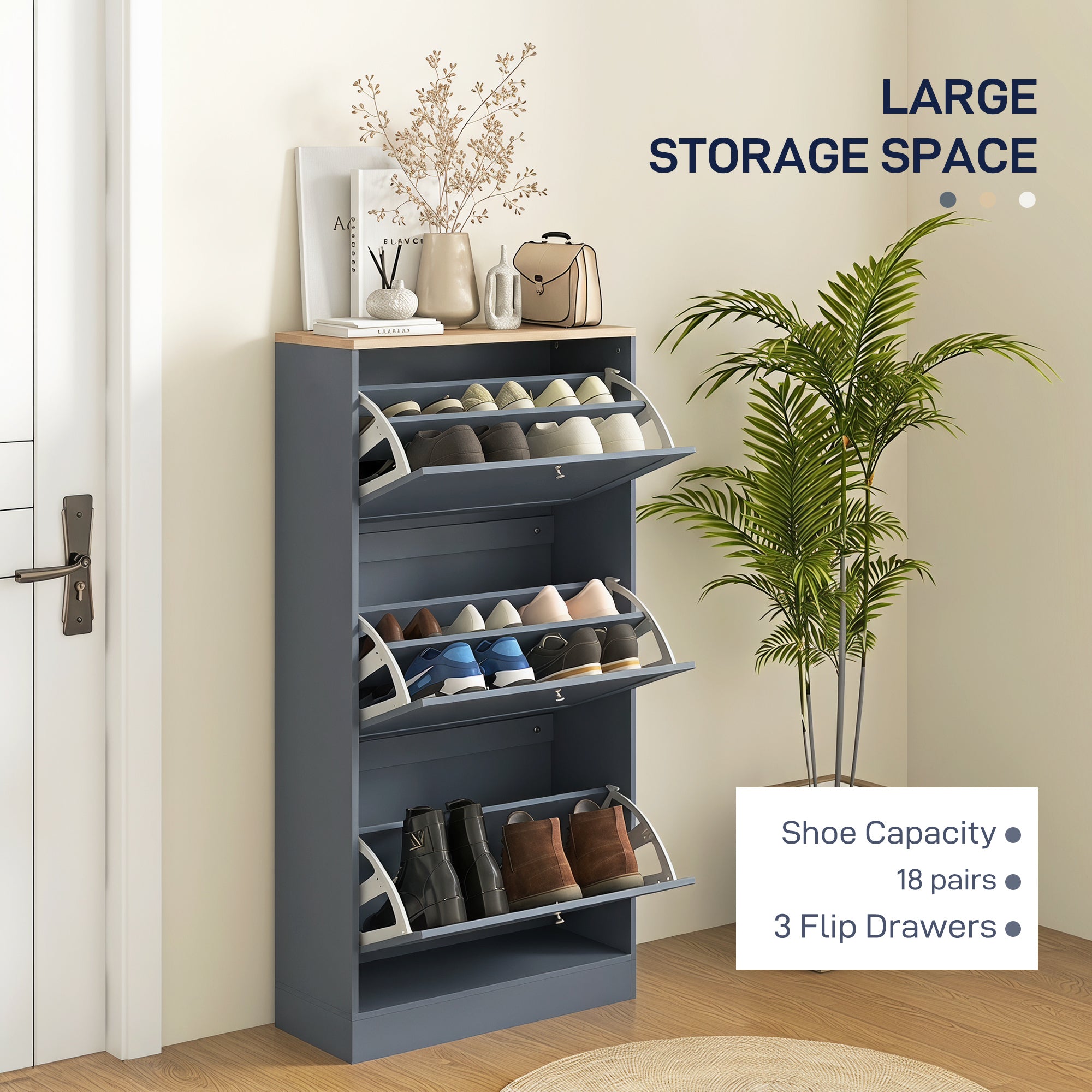 Modern Shoe Storage Cabinet with 3 Flip Drawers, Wooden Freestanding Shoe Cabinet with Adjustable Shelves, 12-18 Pairs, for Entryway, Hallway, Blue