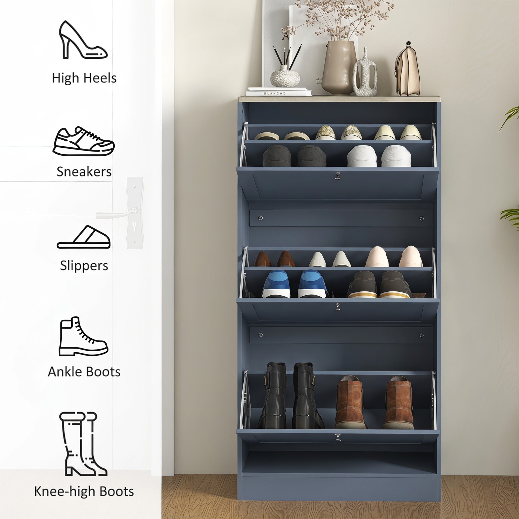 Modern Shoe Storage Cabinet with 3 Flip Drawers, Wooden Freestanding Shoe Cabinet with Adjustable Shelves, 12-18 Pairs, for Entryway, Hallway, Blue