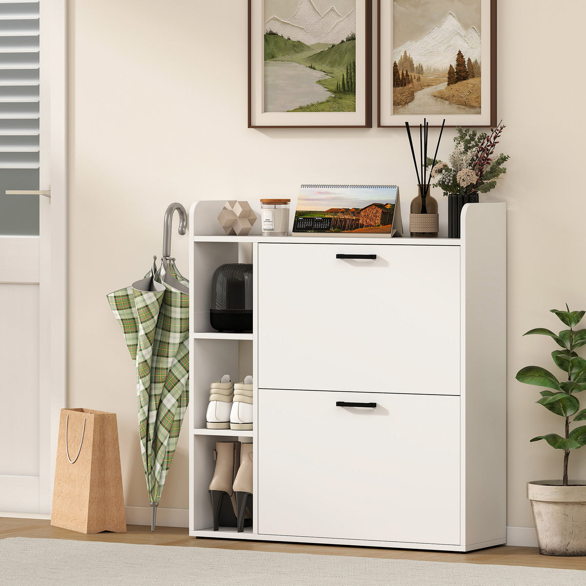 Modern Shoe Cabinet with 2 Flip Drawers, Narrow Shoe Storage Cabinet with Side Compartments and Adjustable Shelves, 8-12 Pairs, for Entryway Hallway, White