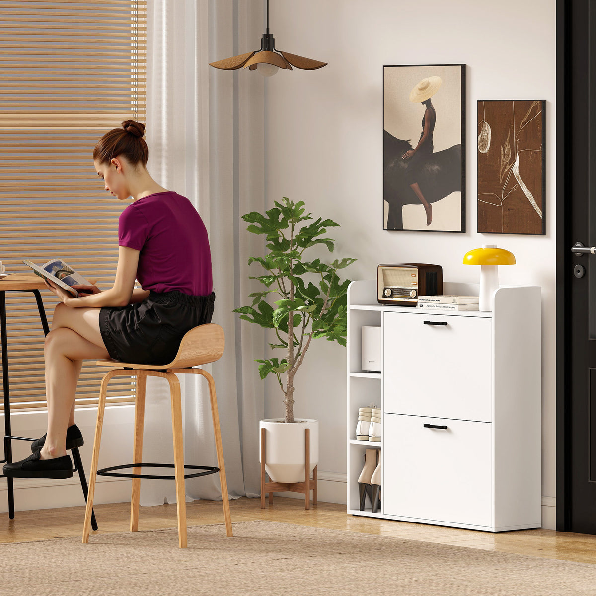 Modern Shoe Cabinet with 2 Flip Drawers, Narrow Shoe Storage Cabinet with Side Compartments and Adjustable Shelves, 8-12 Pairs, for Entryway Hallway, White