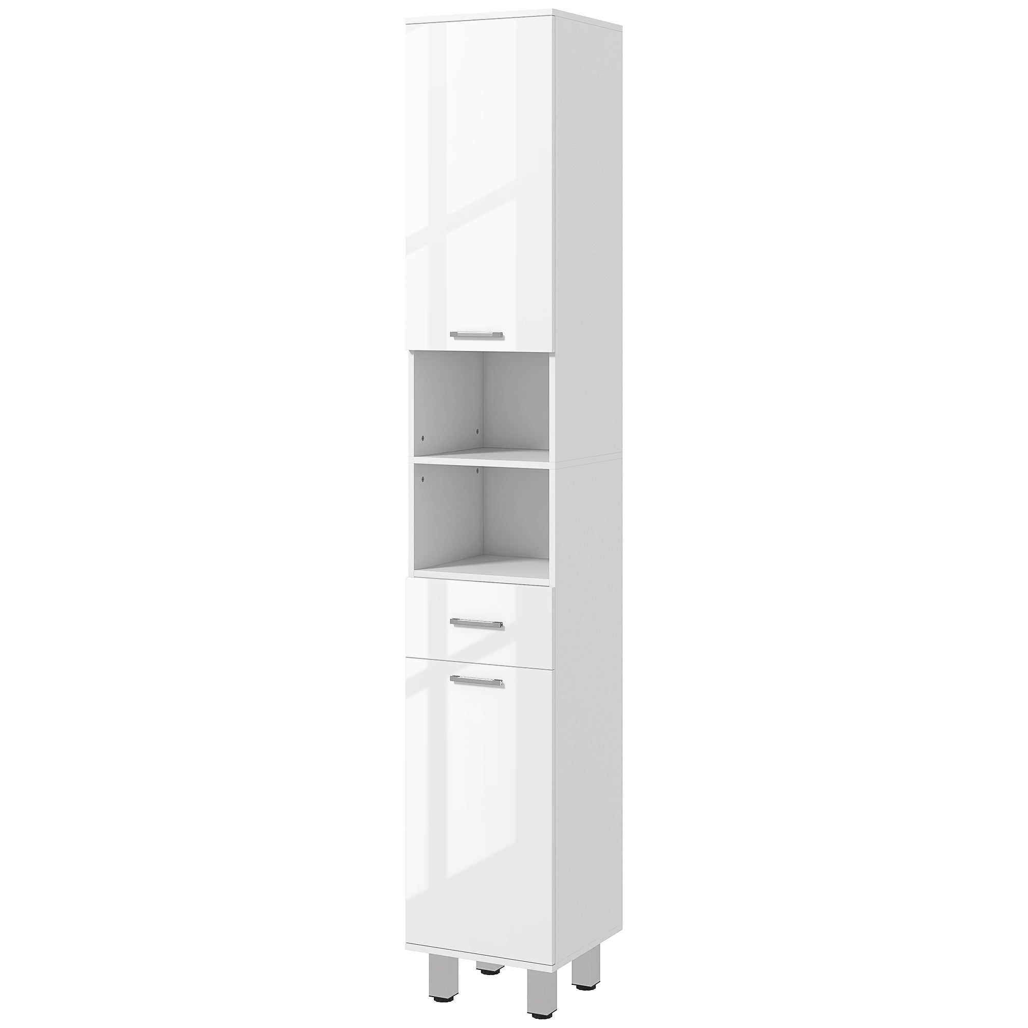 kleankin 71" Tall Bathroom Storage Cabinet, Narrow Linen Tower with Drawer, Open Shelves, 2 Doors Cabinets and Adjustable Shelves, for Kitchen, Hallway, Living Room, High Gloss White