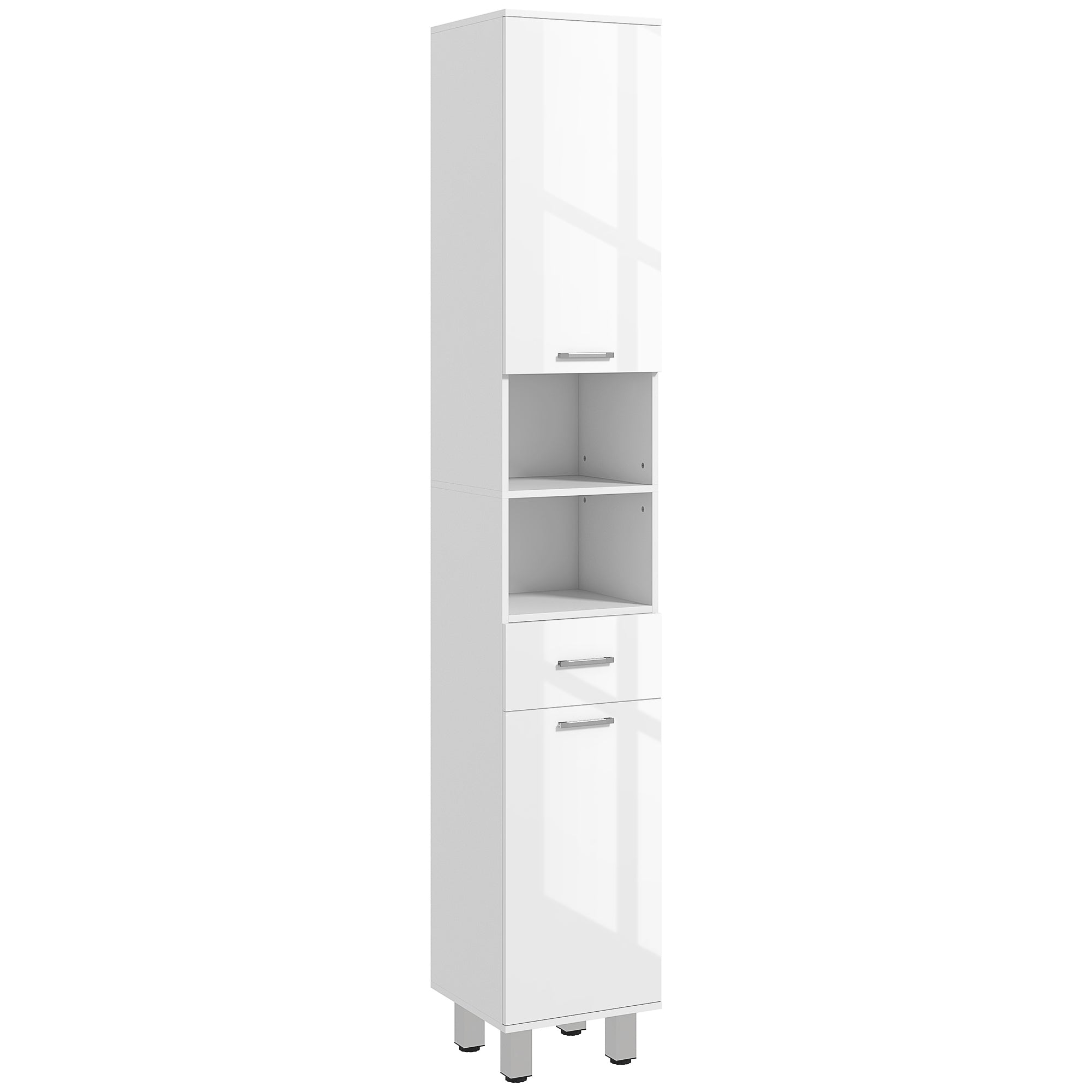 kleankin 71" Tall Bathroom Storage Cabinet, Narrow Linen Tower with Drawer, Open Shelves, 2 Doors Cabinets and Adjustable Shelves, for Kitchen, Hallway, Living Room, High Gloss White