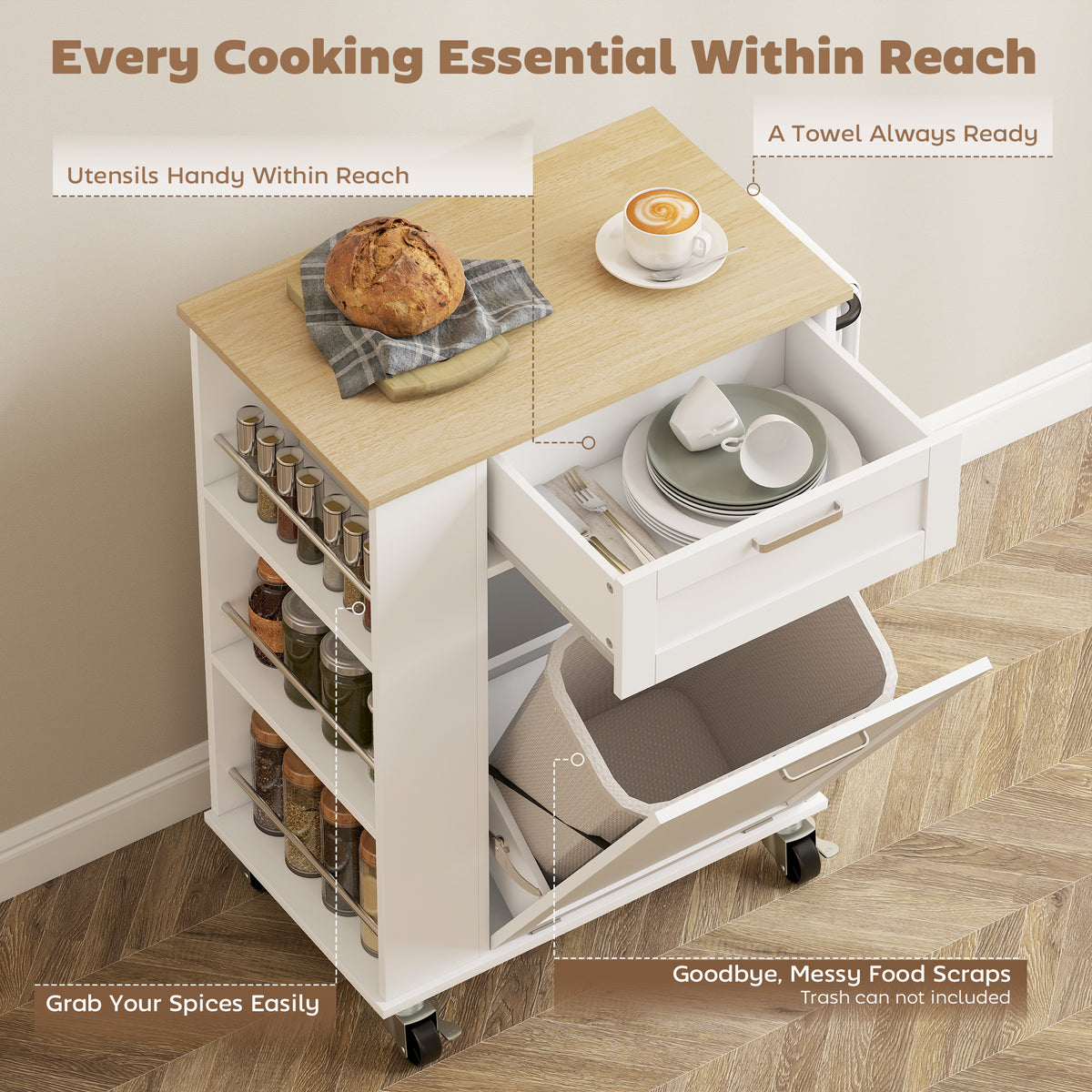 Kitchen Storage Trolley on Wheels, Rolling Kitchen Island with Drawer, Tilt-Out Rubbish Cabinet, 3-Tier Side Racks and Towel Rail for Dining Room, White