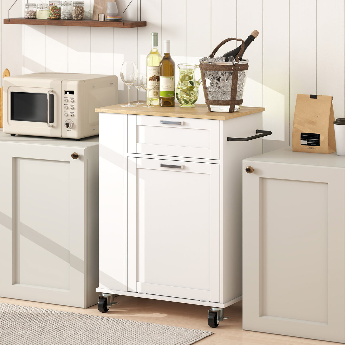 Kitchen Storage Trolley on Wheels, Rolling Kitchen Island with Drawer, Tilt-Out Rubbish Cabinet, 3-Tier Side Racks and Towel Rail for Dining Room, White