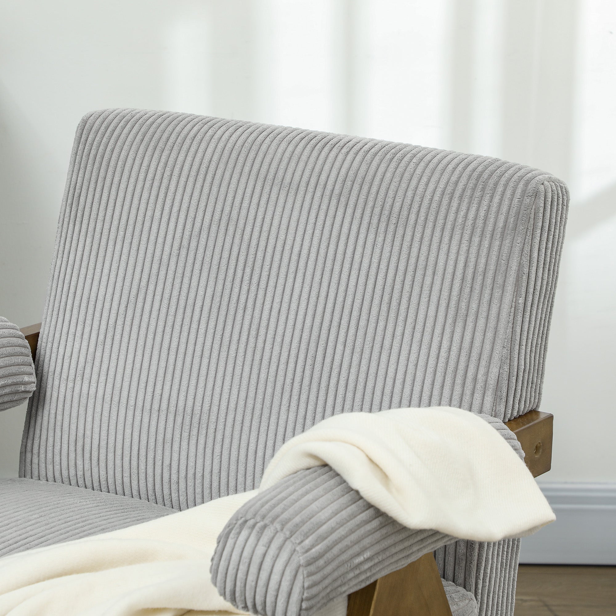 HOMCOM Accent Chair with Wide Seat, Corduroy Upholstered Armchair, Modern Living Room Chair with Soft Padded Armrests and Solid Wood Legs for Reading, Bedroom, Light Grey