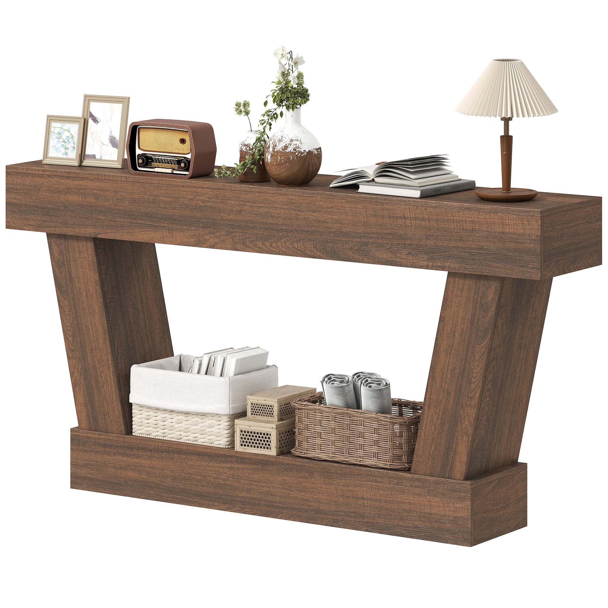 63 Inch Vintage Entryway Table, Narrow Console Tables For Entryway, Sofa Table Behind Couch with Open Shelf, for Living Room, Hallway, Brown