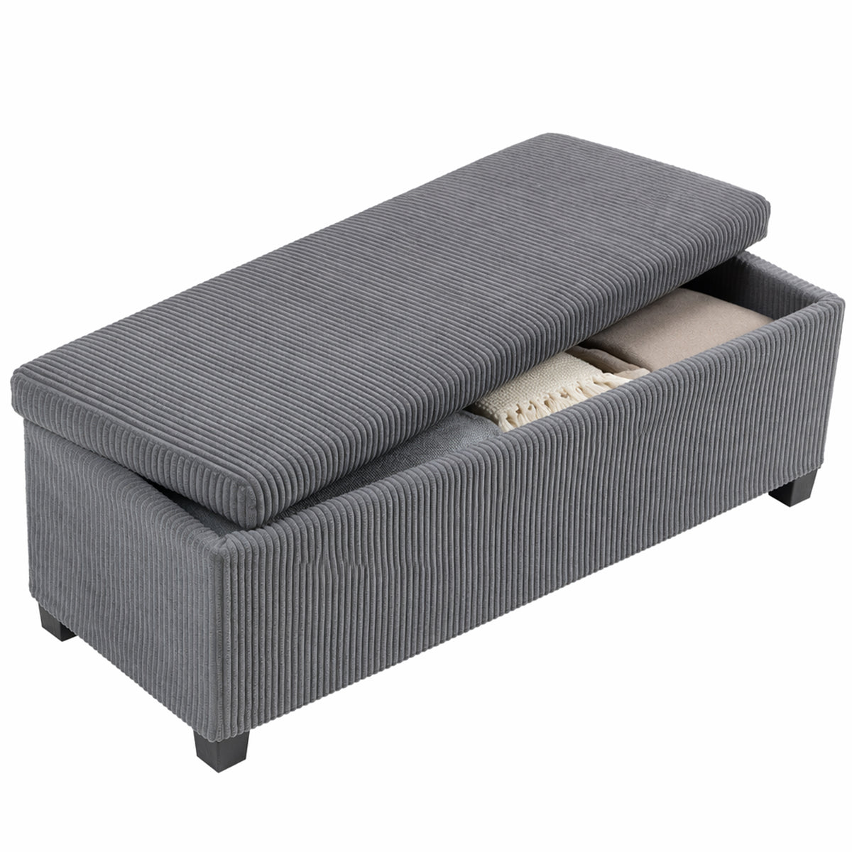 Storage Ottoman Bench, Corduroy Bedroom Bench with Storage, Removable Lid, Legs, 44 Inches Foot Stool for Living Room, Bedroom, Entryway, Grey